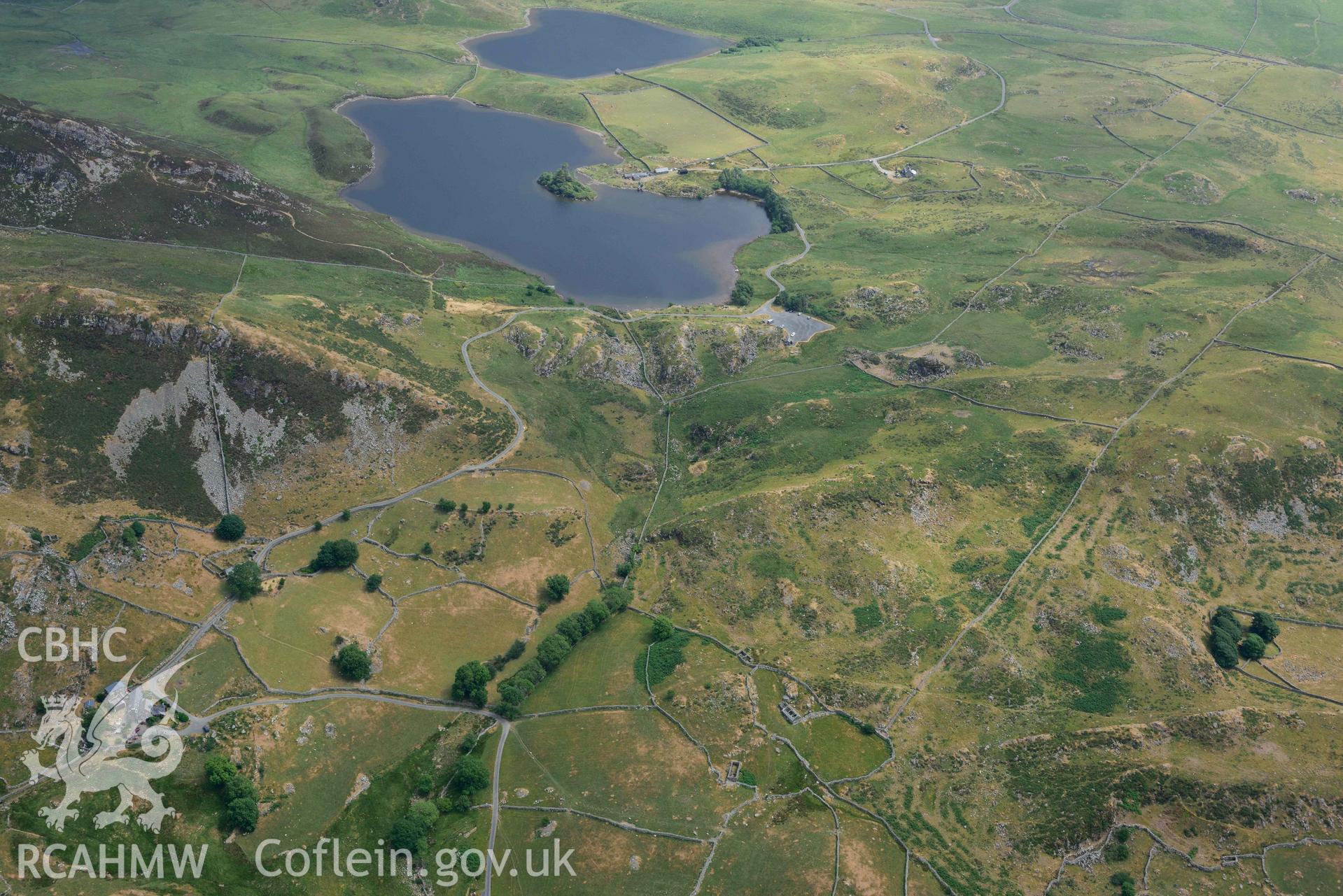 Llynnau Cregennen. Oblique aerial photograph taken during the Royal Commission’s programme of archaeological aerial reconnaissance by Toby Driver on 10 July 2018.