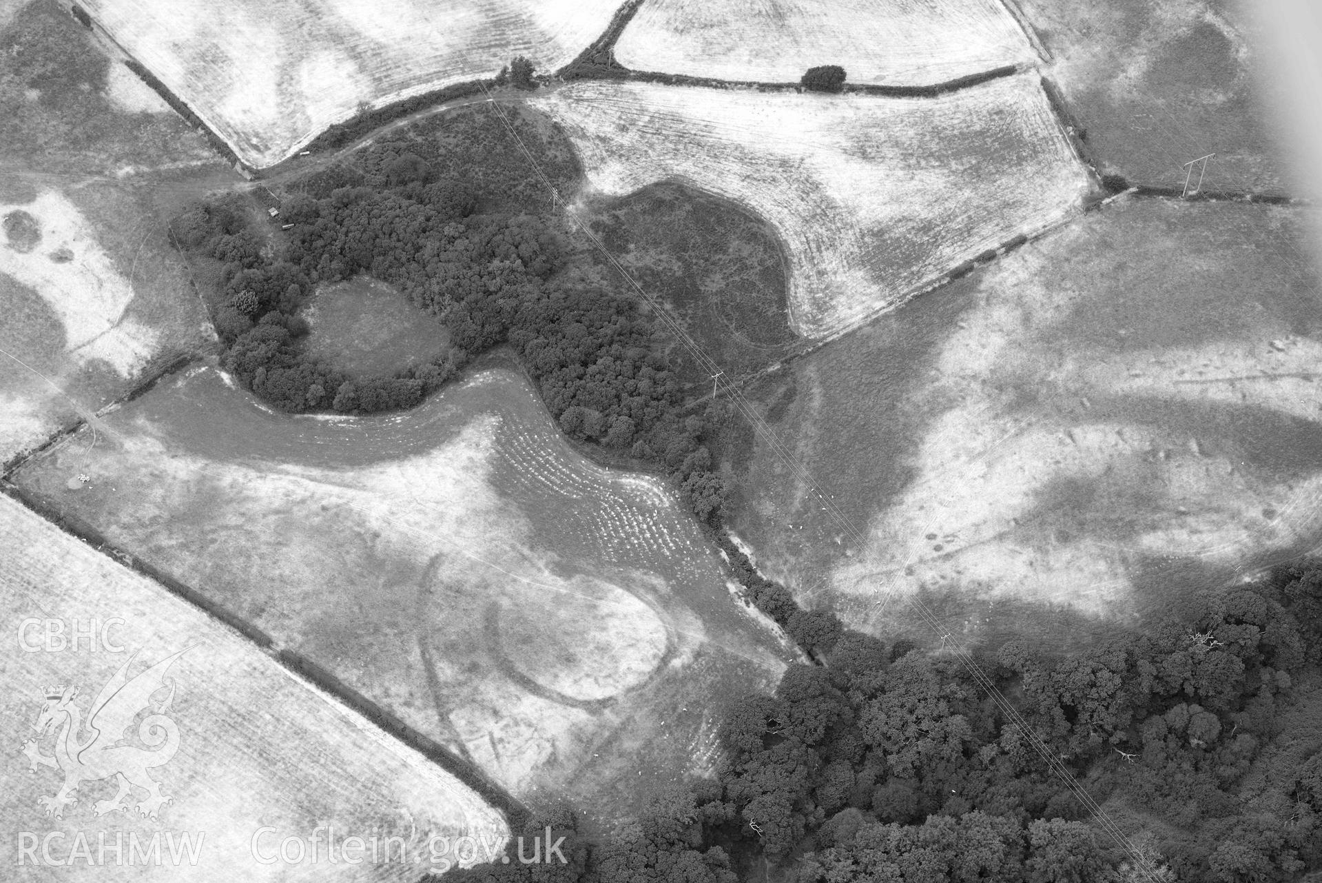 Detailed view of Bwlch y Ffordd Isa defended enclosure. Oblique black and white aerial photograph taken during the Royal Commission’s programme of archaeological aerial reconnaissance by Toby Driver on 10 July 2018.