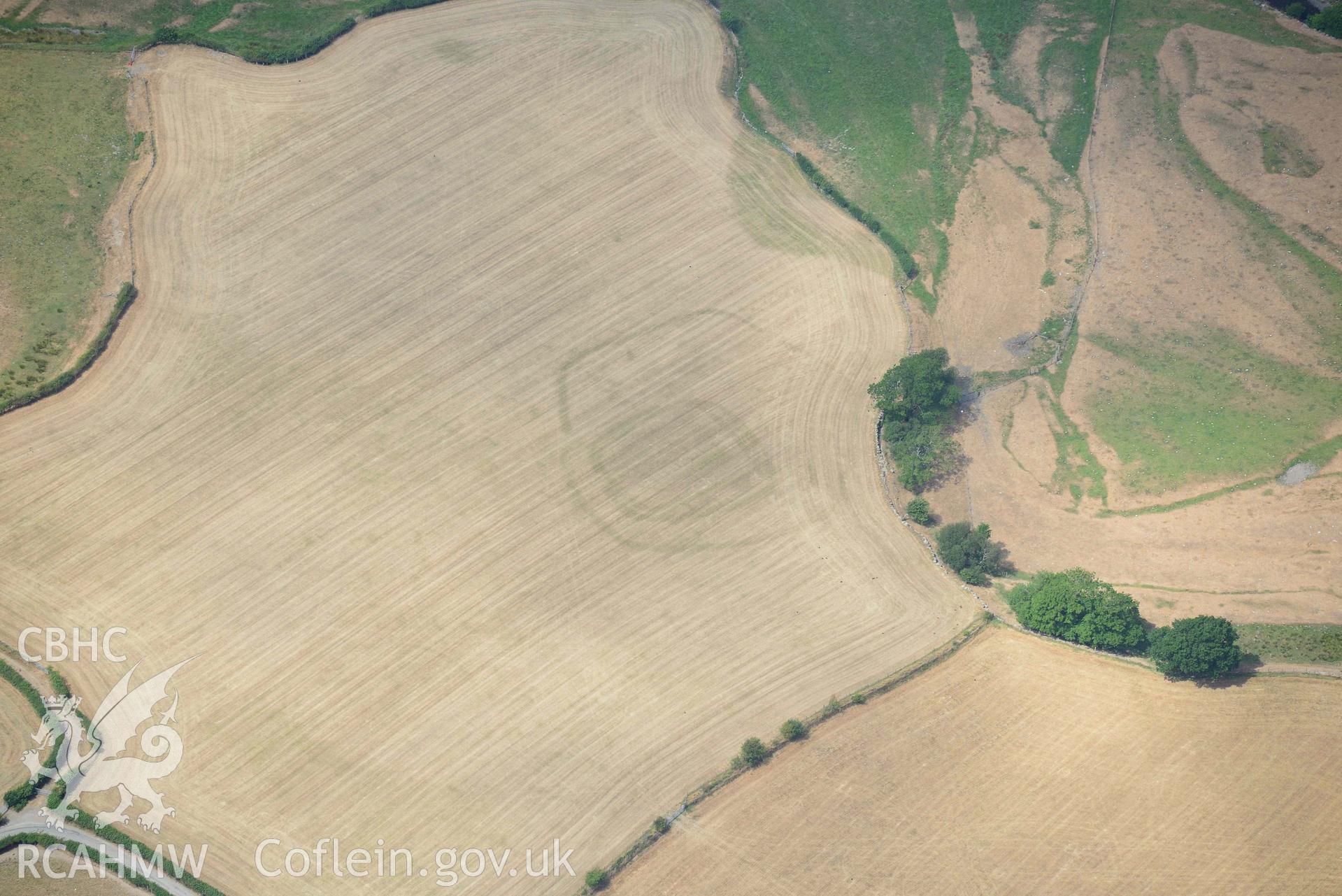 Detailed view of Dyffryn Dysynni defended enclosure. Oblique black aerial photograph taken during the Royal Commission’s programme of archaeological aerial reconnaissance by Toby Driver on 10 July 2018.