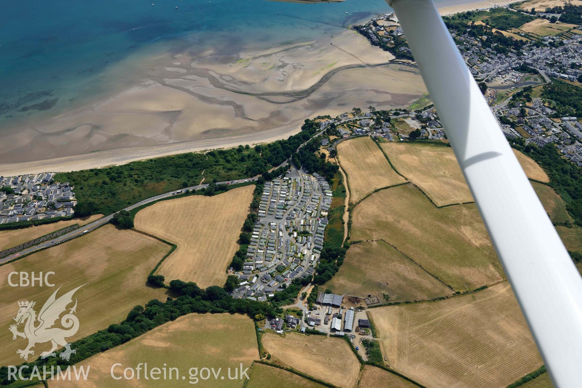 Fach Farm defended enclosure, Abersoch. Oblique aerial photograph taken during the Royal Commission’s programme of archaeological aerial reconnaissance by Toby Driver on 10 July 2018.