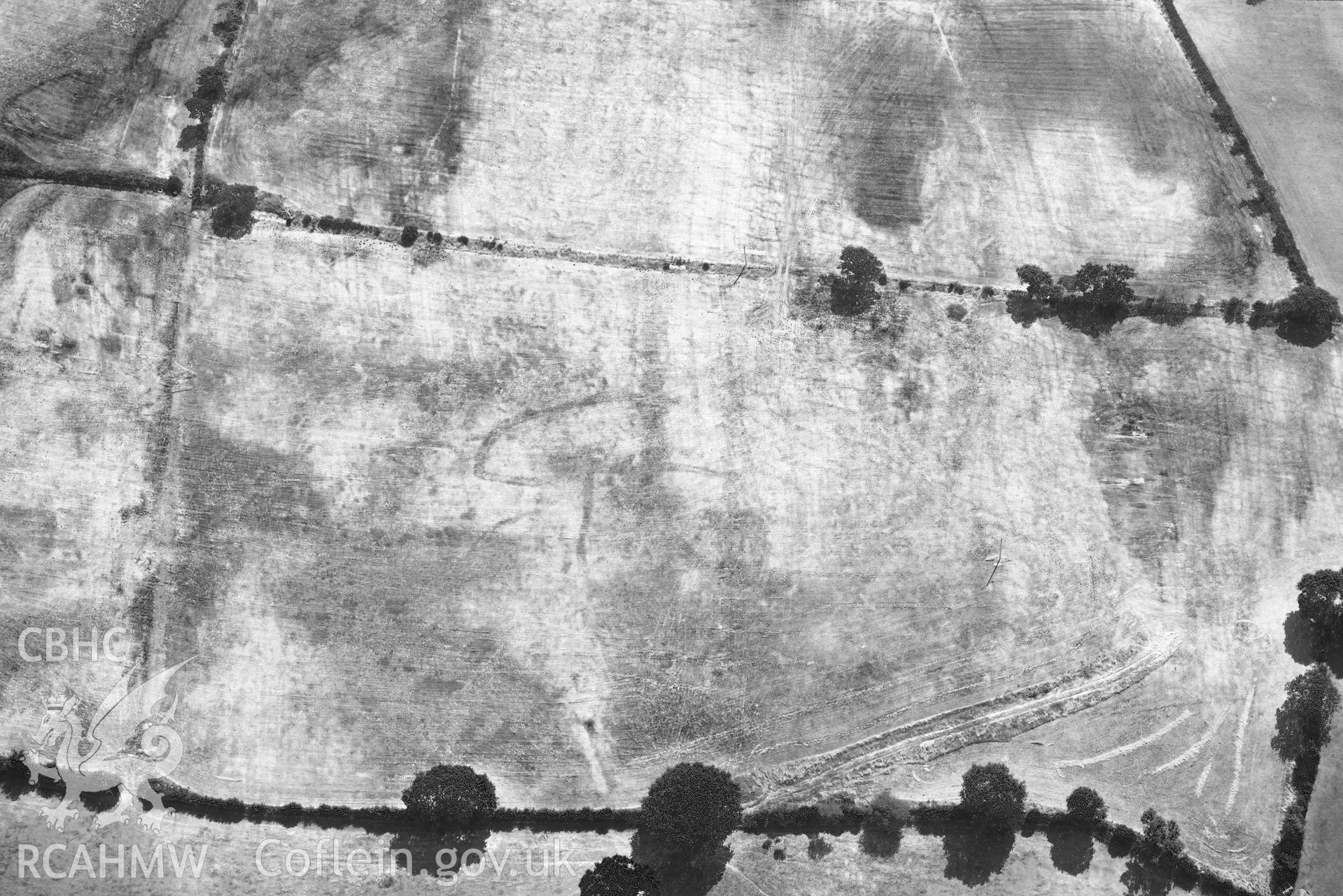 Detailed view of Gellifadog enclosure. Oblique black and white aerial photograph taken during the Royal Commission’s programme of archaeological aerial reconnaissance by Toby Driver on 10 July 2018.