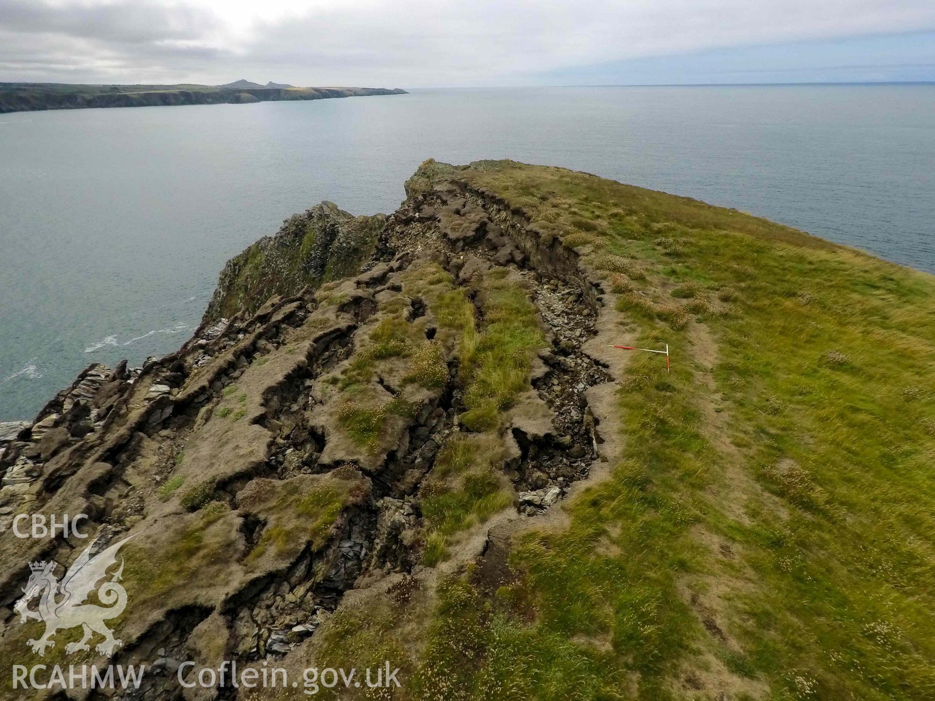 Castell Coch Promontory Fort. Collapse at southwest tip, looking west.