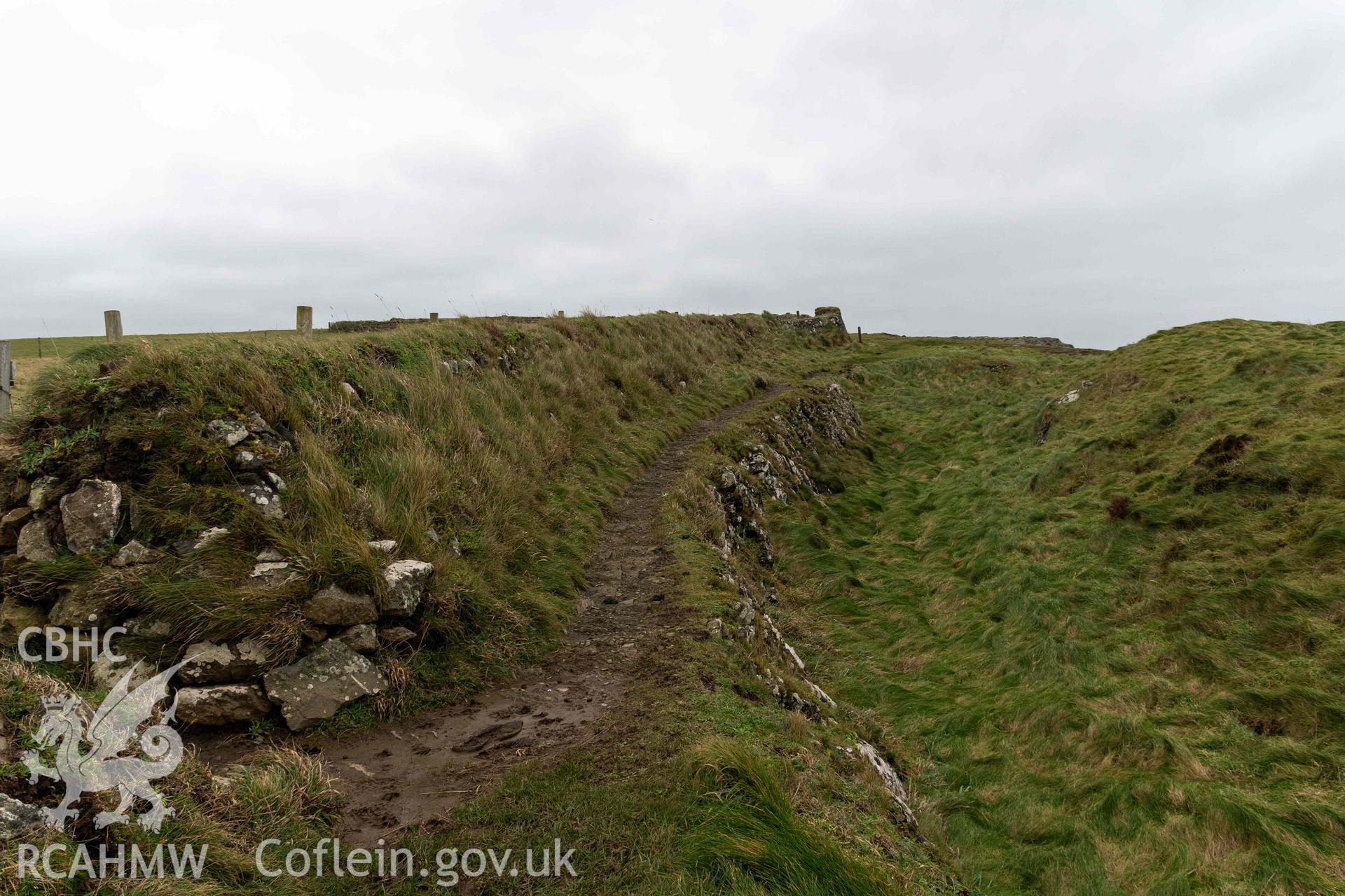 Castell Coch Promontory Fort. Modern wall, outer rock-cut ditch and scarp, looking south.