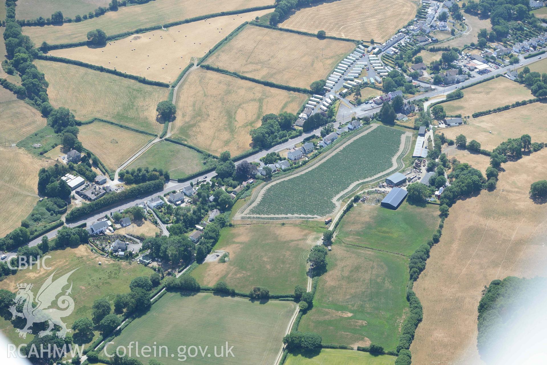 General view of Dolypandy round barrow. Oblique aerial photograph taken during the Royal Commission’s programme of archaeological aerial reconnaissance by Toby Driver on 10 July 2018.