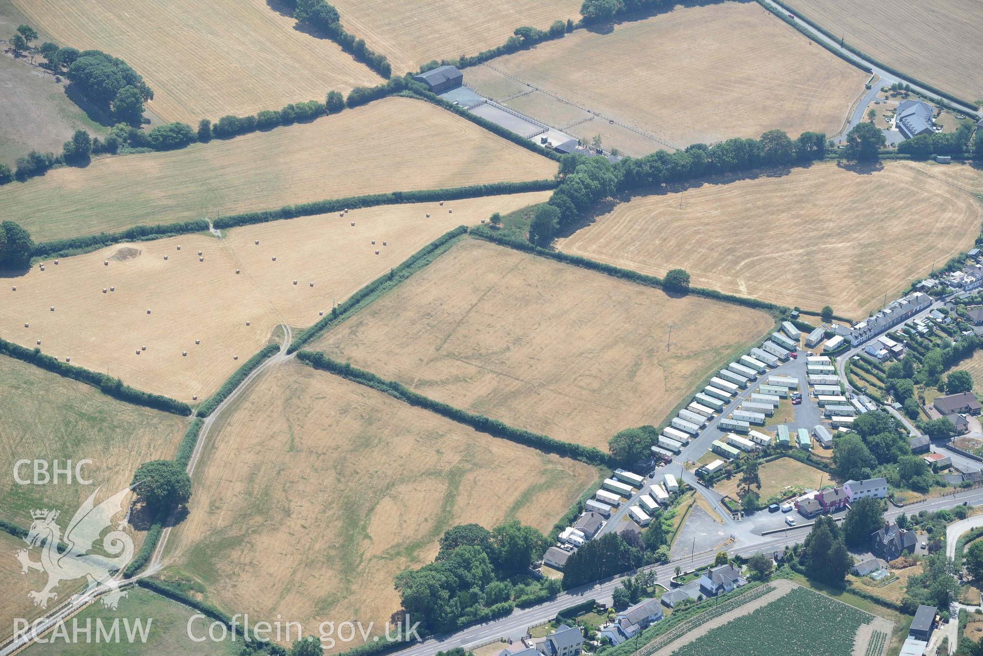 Dolypandy round barrow. Oblique aerial photograph taken during the Royal Commission’s programme of archaeological aerial reconnaissance by Toby Driver on 10 July 2018.