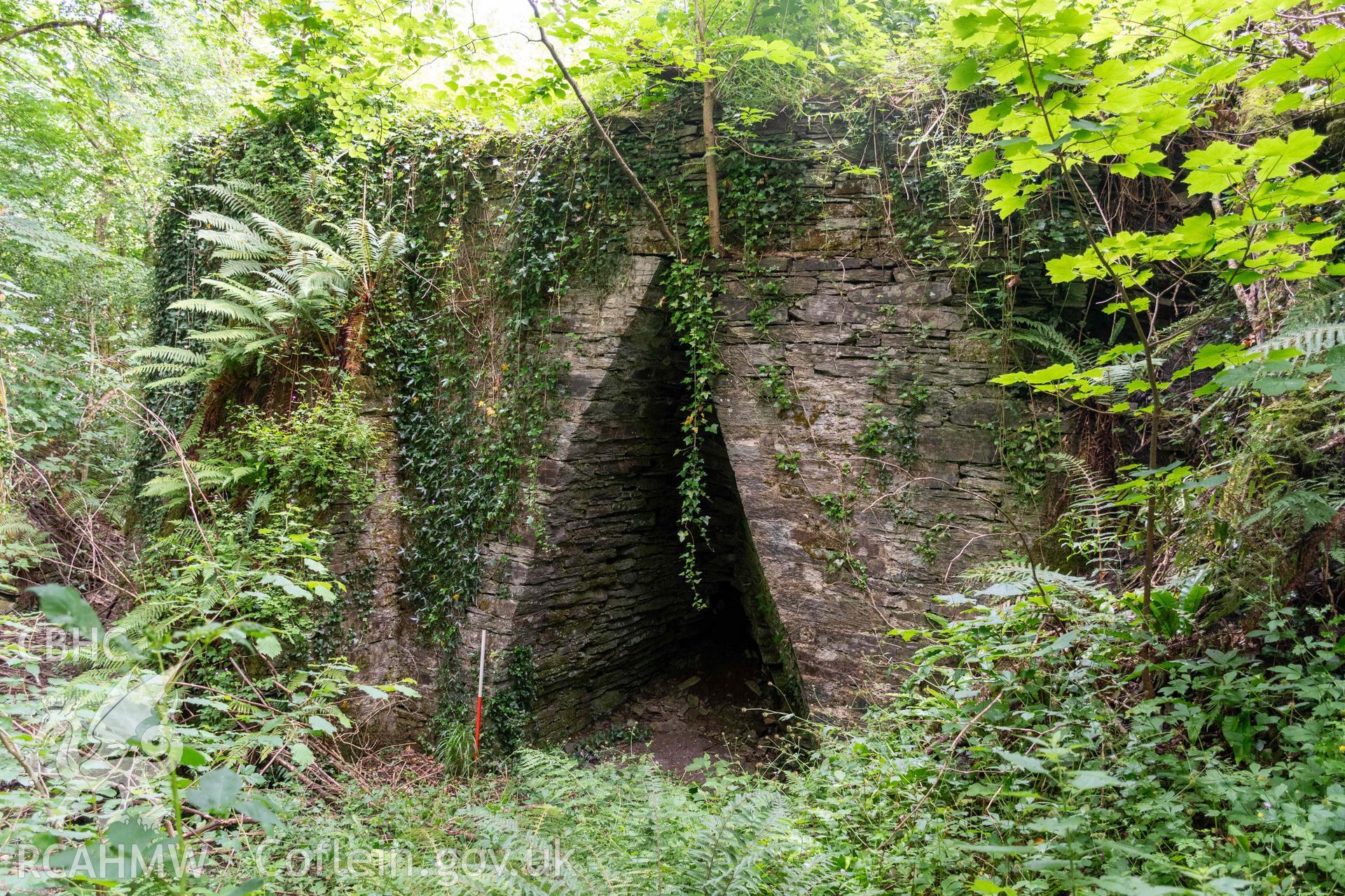 West face of kiln with kiln-eye and buttress (with scale).