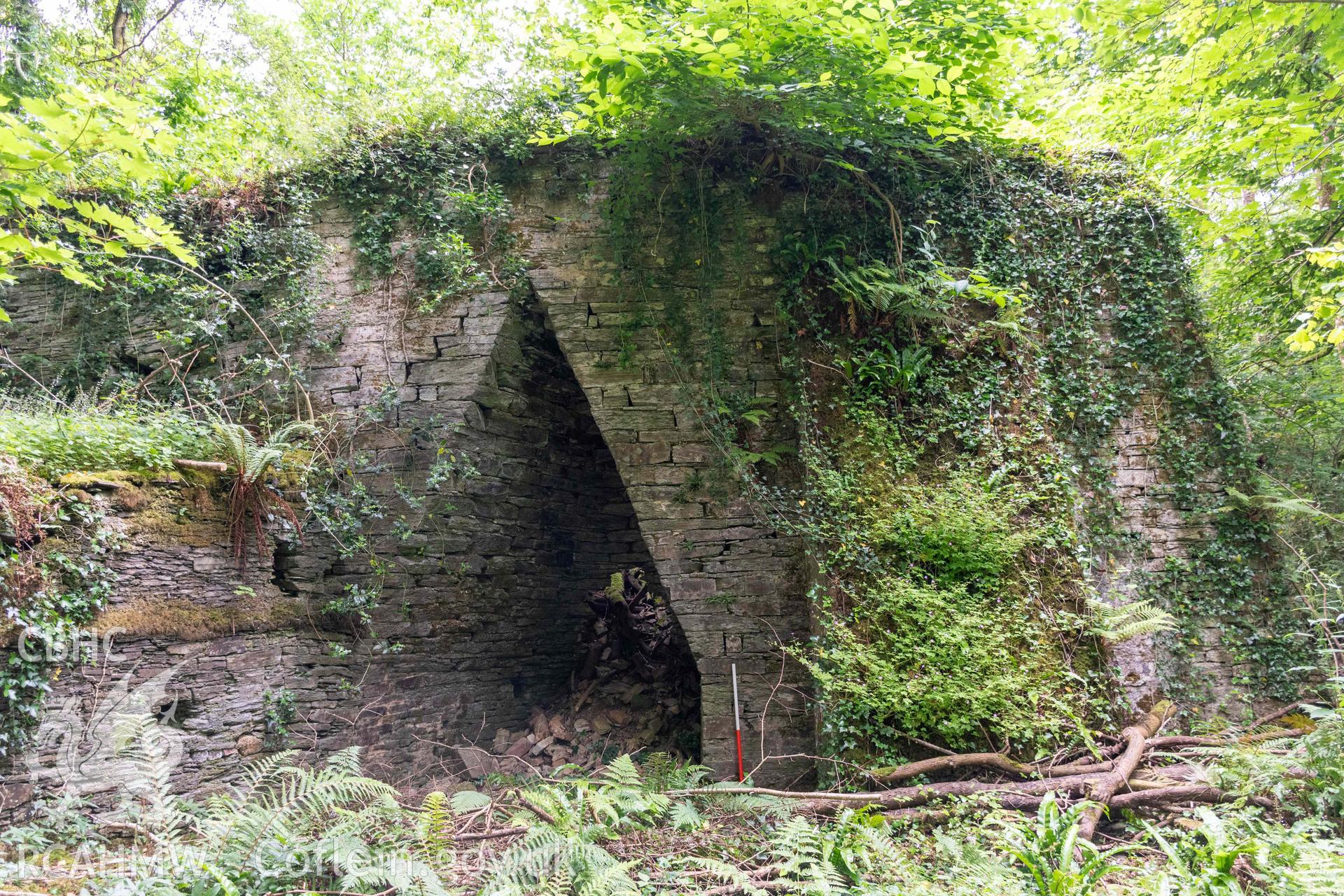 East face of kiln, kiln eys, butress and lower retaining wall (with scale).