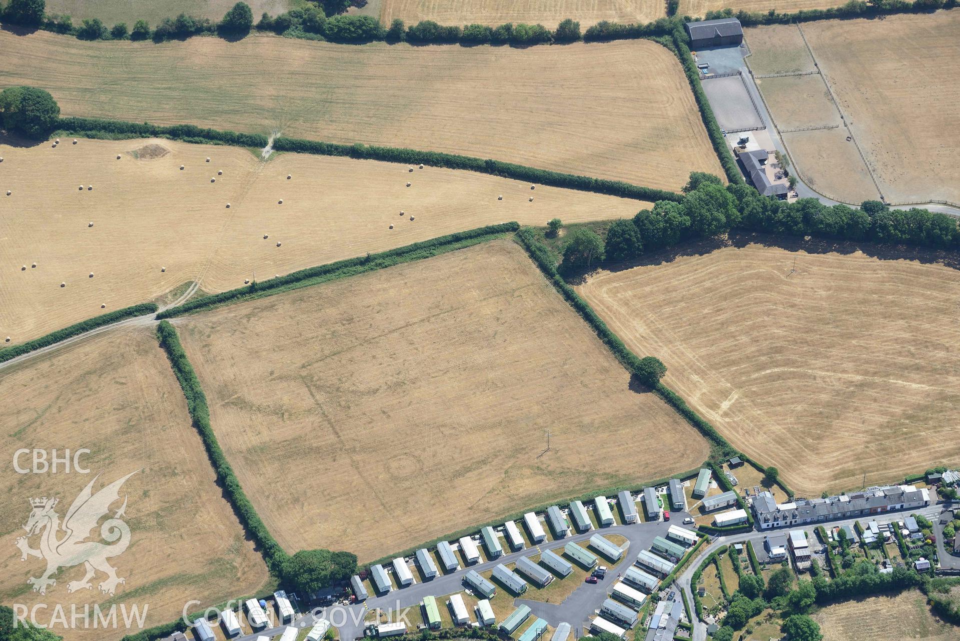 Detailed view of Dolypandy round barrow. Oblique aerial photograph taken during the Royal Commission’s programme of archaeological aerial reconnaissance by Toby Driver on 10 July 2018.