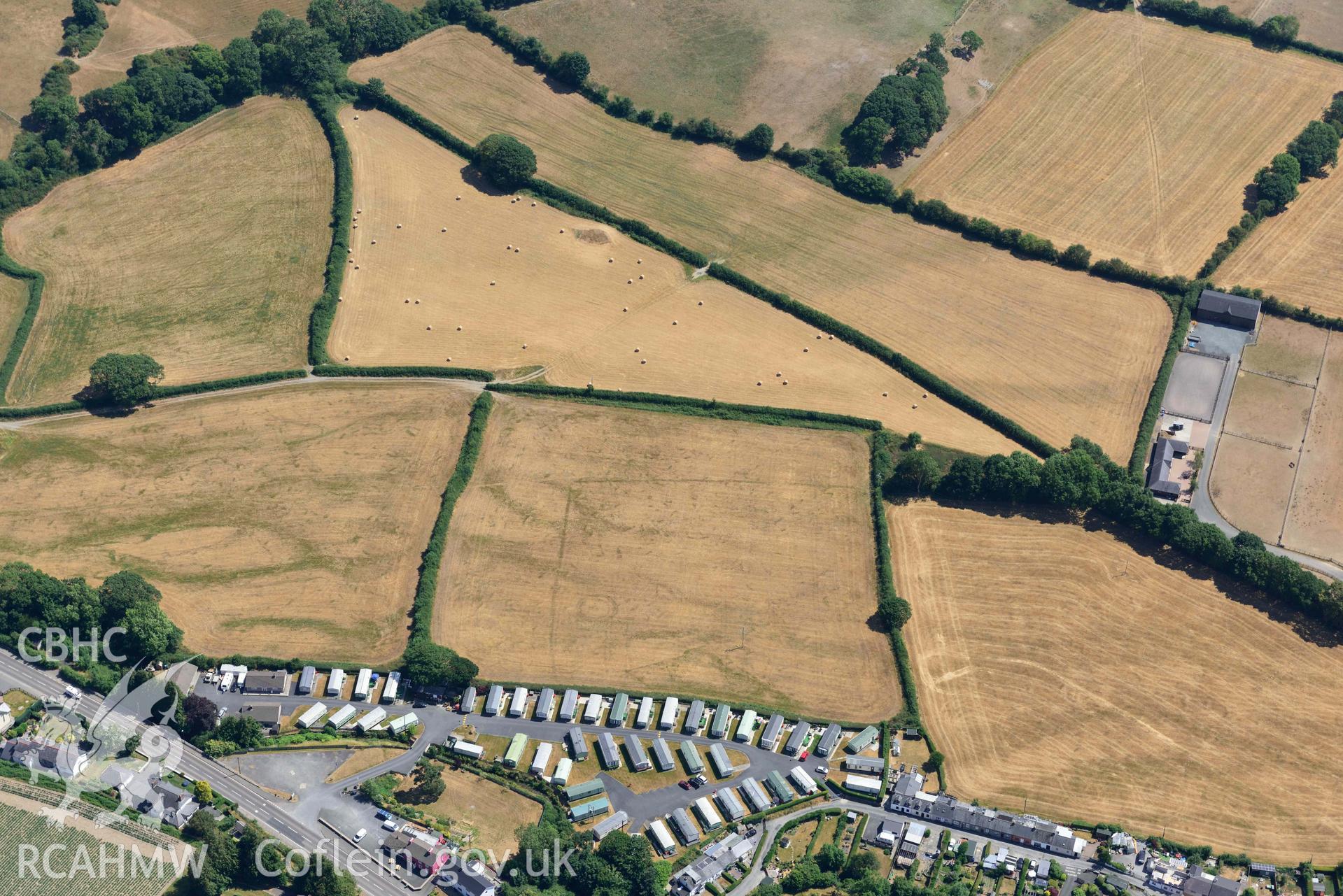 Detailed view of Dolypandy round barrow. Oblique aerial photograph taken during the Royal Commission’s programme of archaeological aerial reconnaissance by Toby Driver on 10 July 2018.