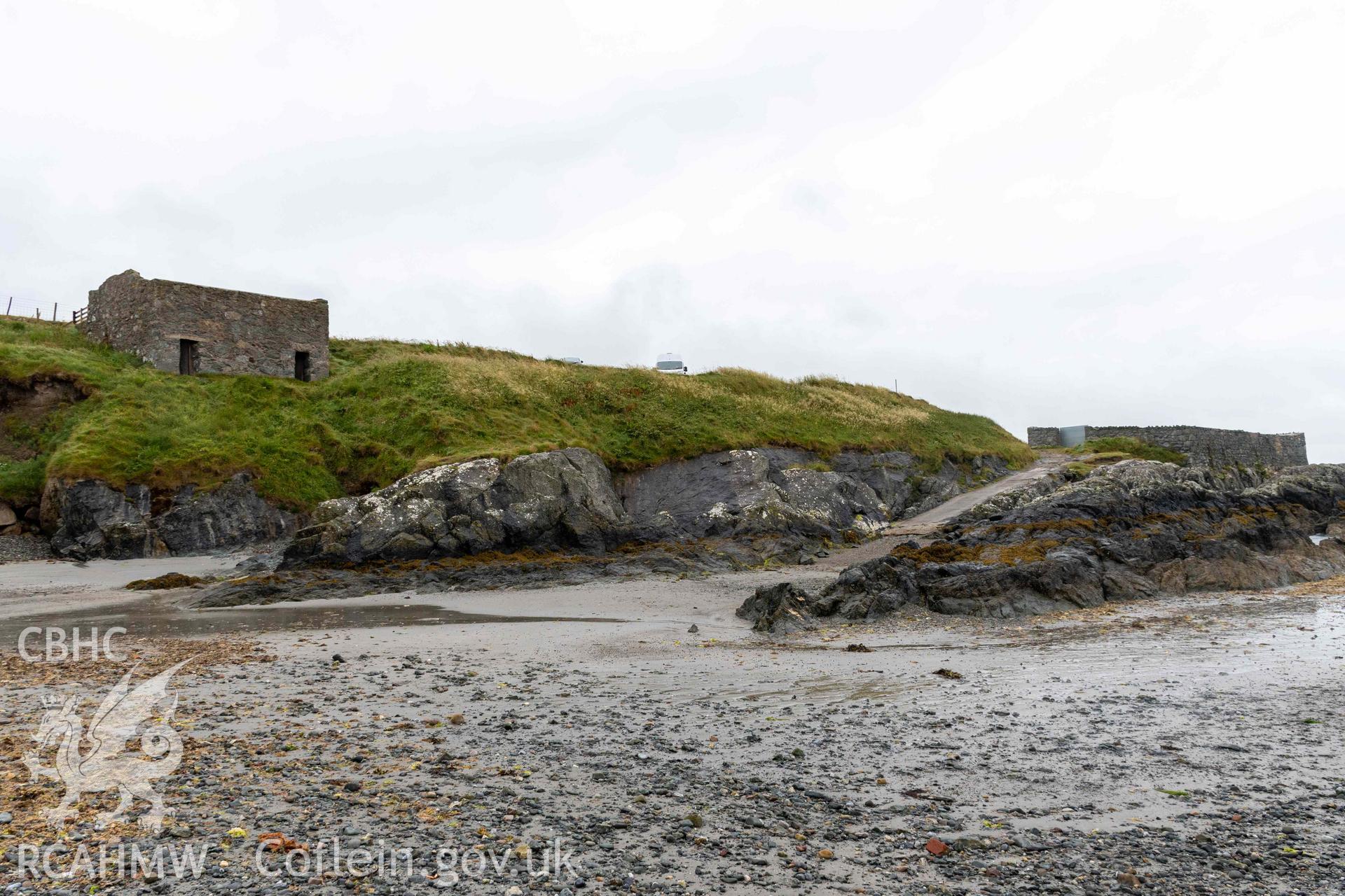 Lime Kiln, Porth Ysgaden. General view from the west with ramp and former coal yard on right.