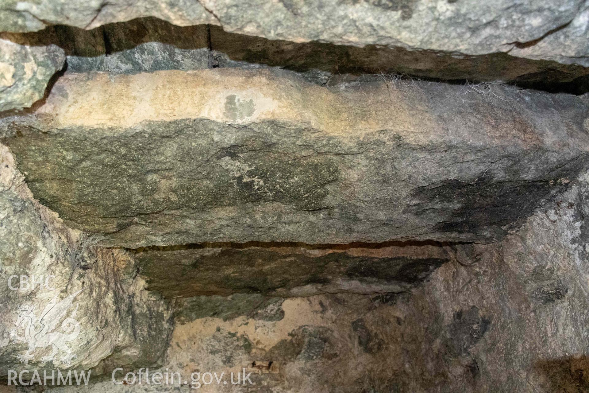 Lime Kiln, Porth Ysgaden. North kiln-eye passageway slab roof.