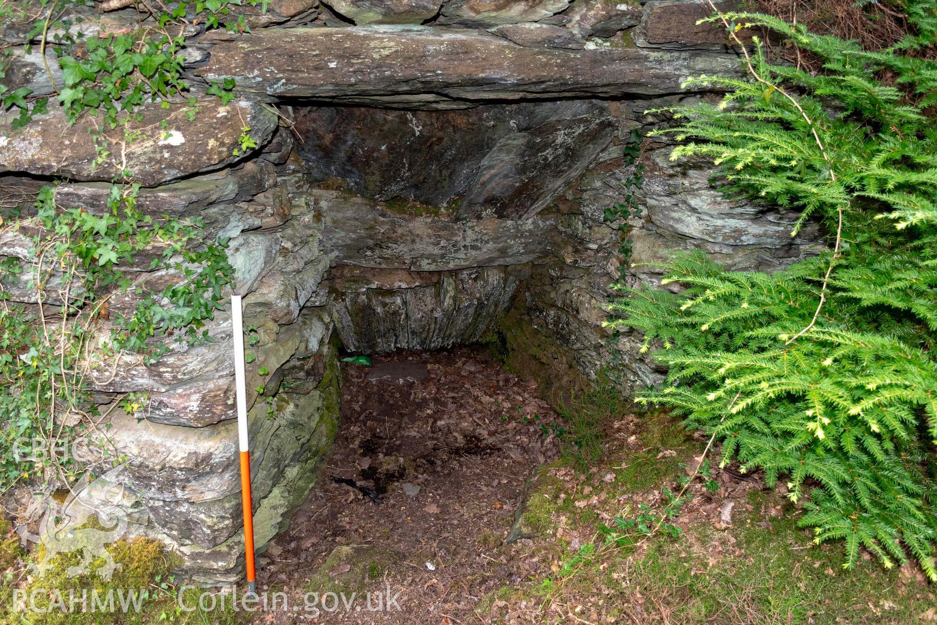 Lime Kiln, Coed y Garth. Kiln eye in north side (with scale).