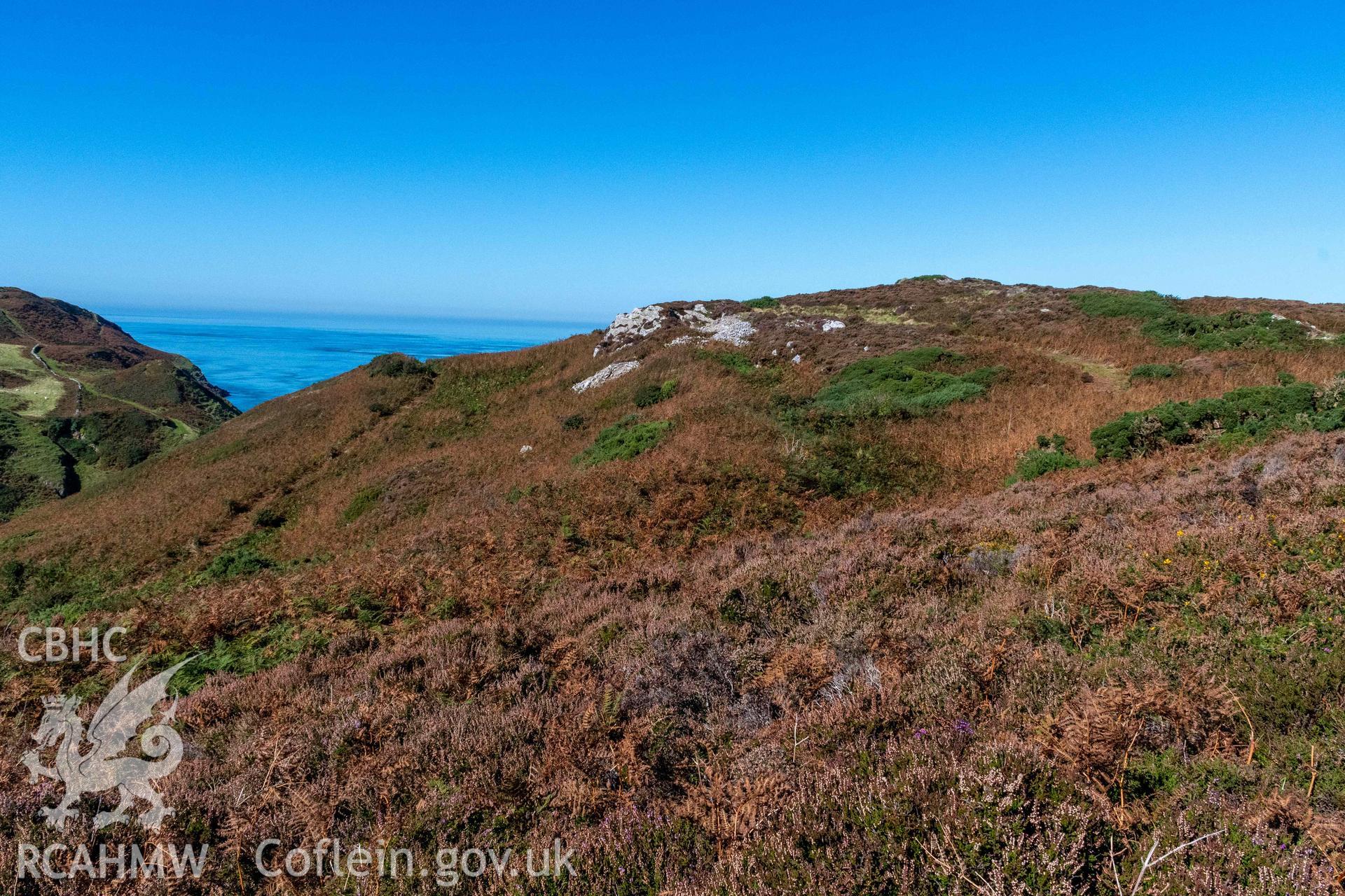 Dinas Gynfor Coastal Hillfort. View looking northwest along the top of the inner rampart.