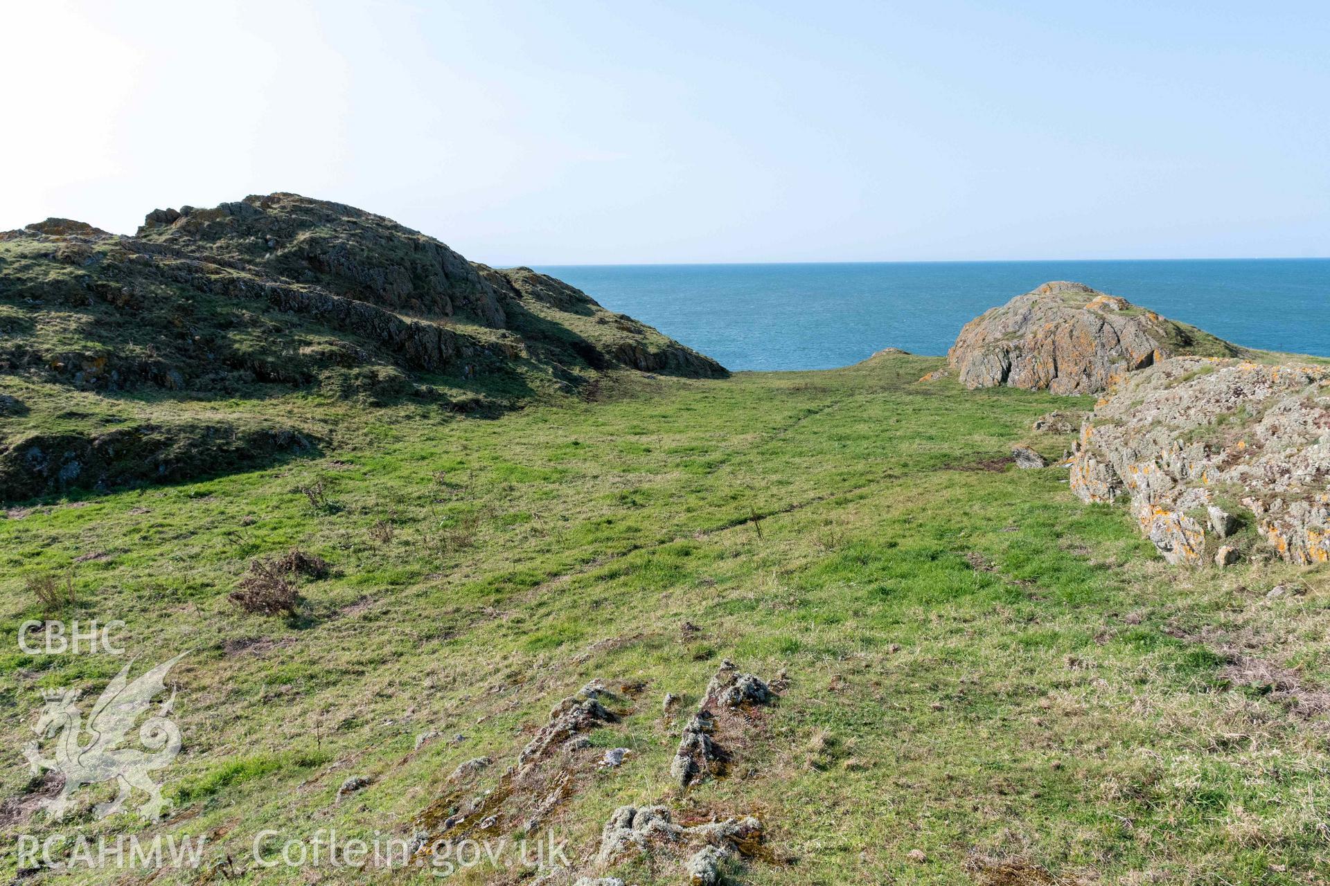 Twyn y Parc Coastal Promontory Fort. Level interior terrace area between rock outcrops at the southwestern edge of the fort.