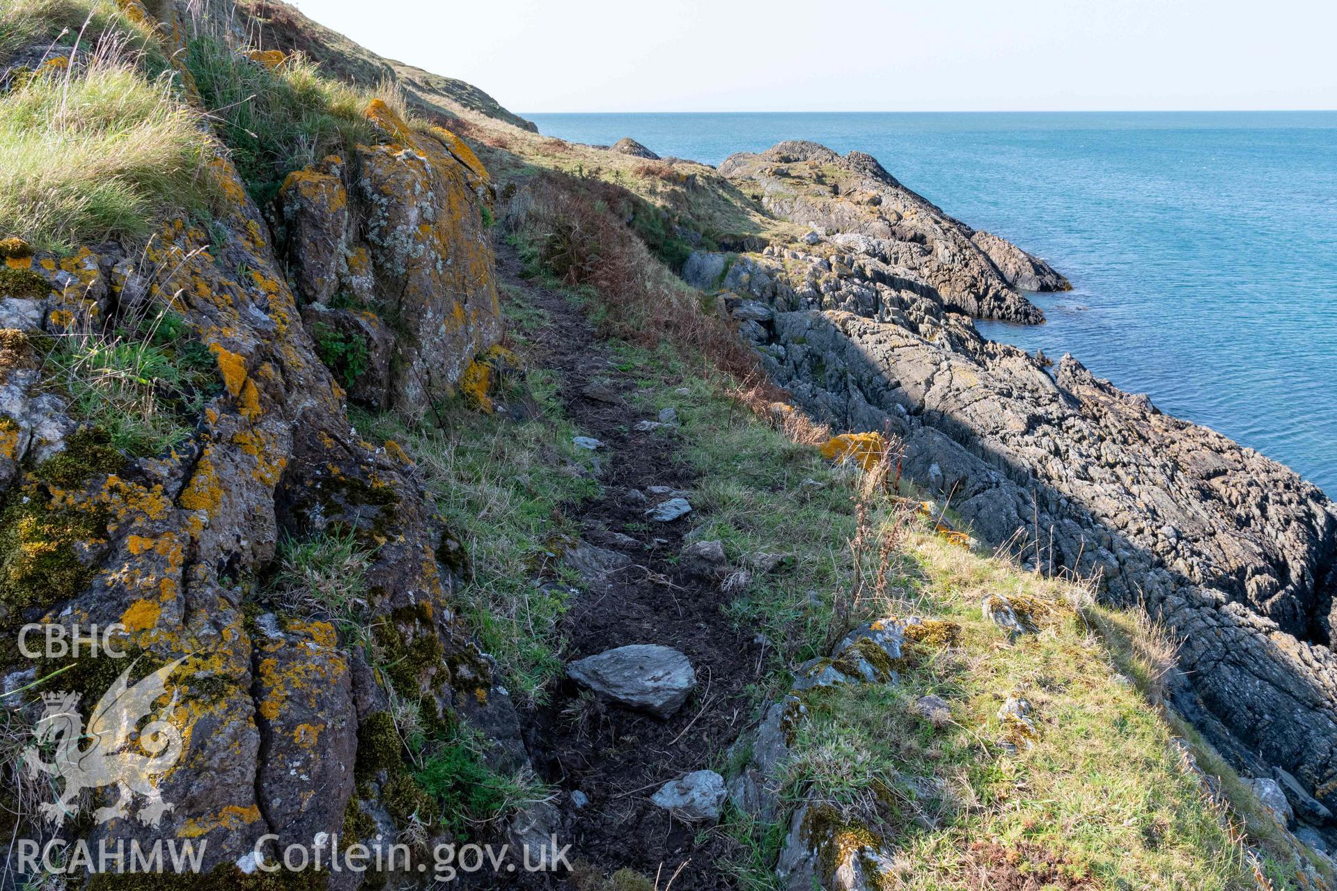 Twyn y Parc Coastal Promontory Fort. Terraced trackway at its narrowest point along the northern side of fort adjacent to Porth Fain.