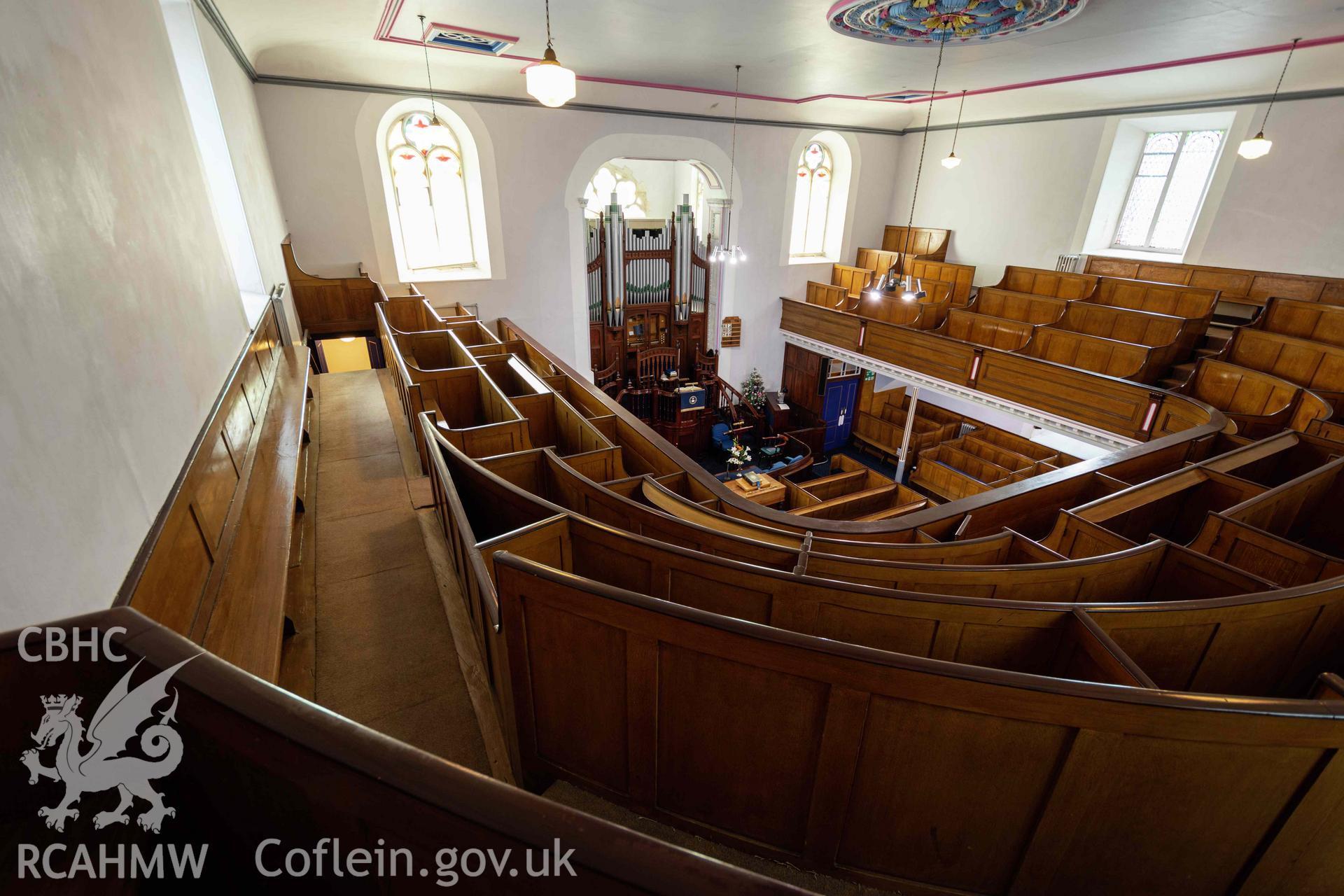View from gallery north west corner towards pulpit and organ. Tabernacl Cardigan