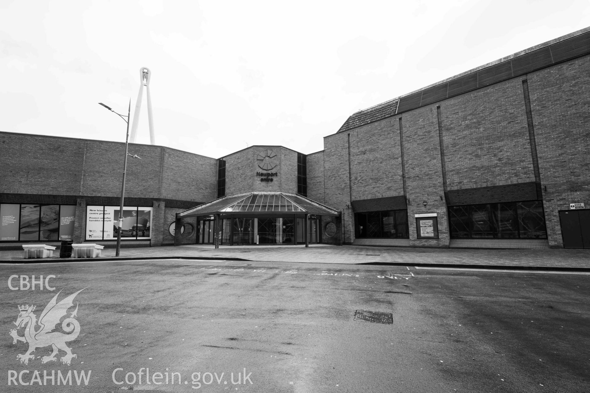 Main (west) entrance from across the street, black and white. Newport Centre