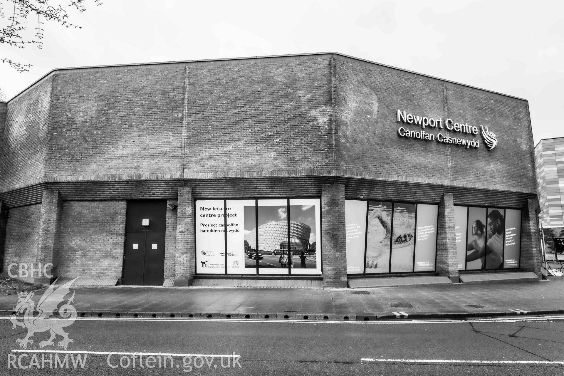 Exterior, north east sides. Black and white. Newport Centre.