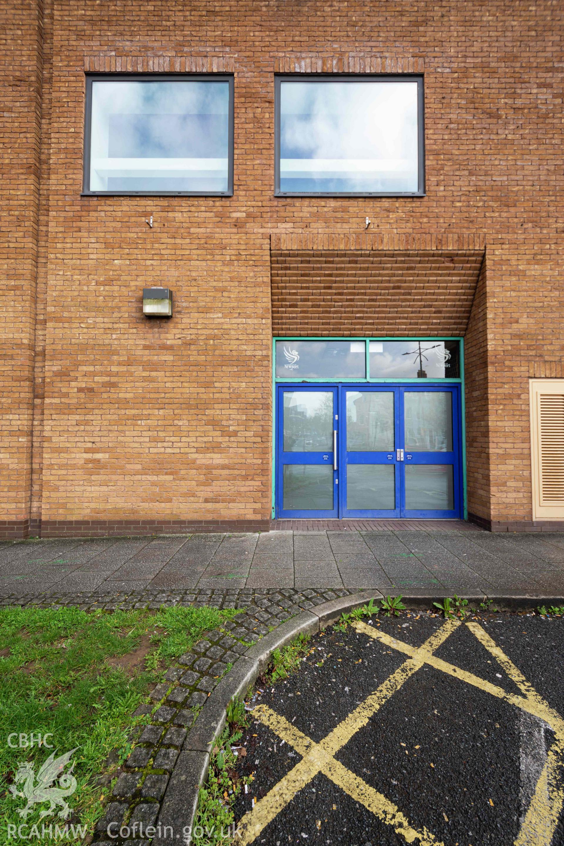 South side entrance doors and windows. Portrait orientation. Newport Centre