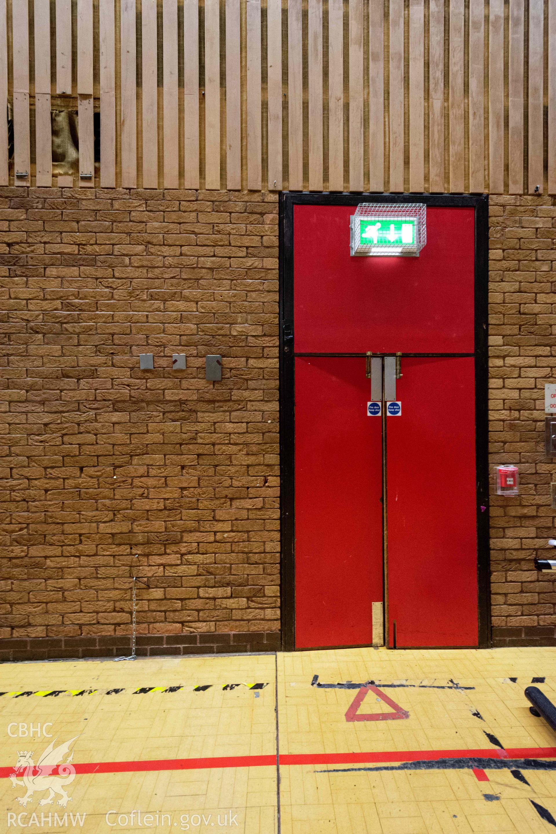 Fire exit door, main hall. Newport Centre