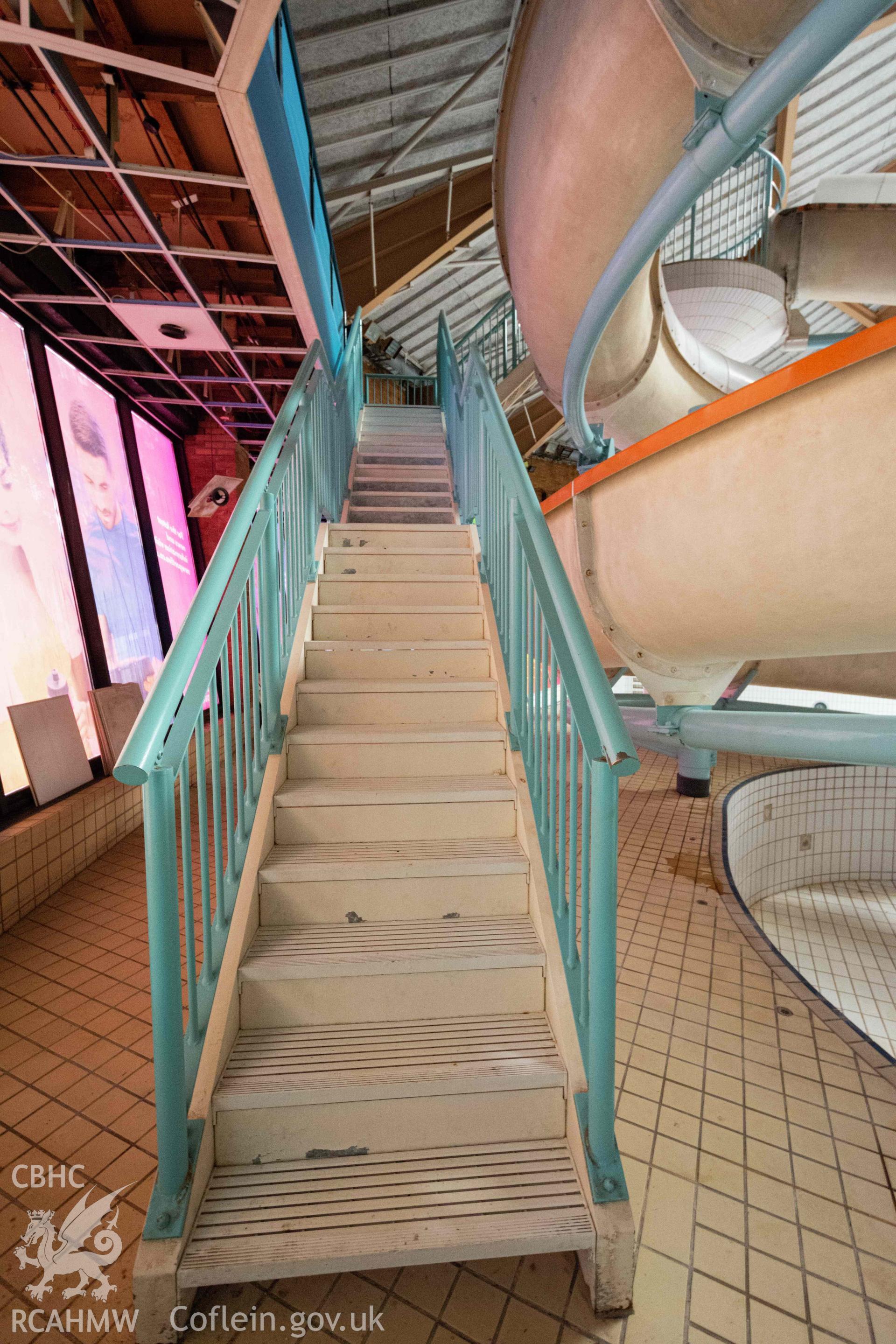 Stairs to slide at swimming pool and water park. Newport Centre