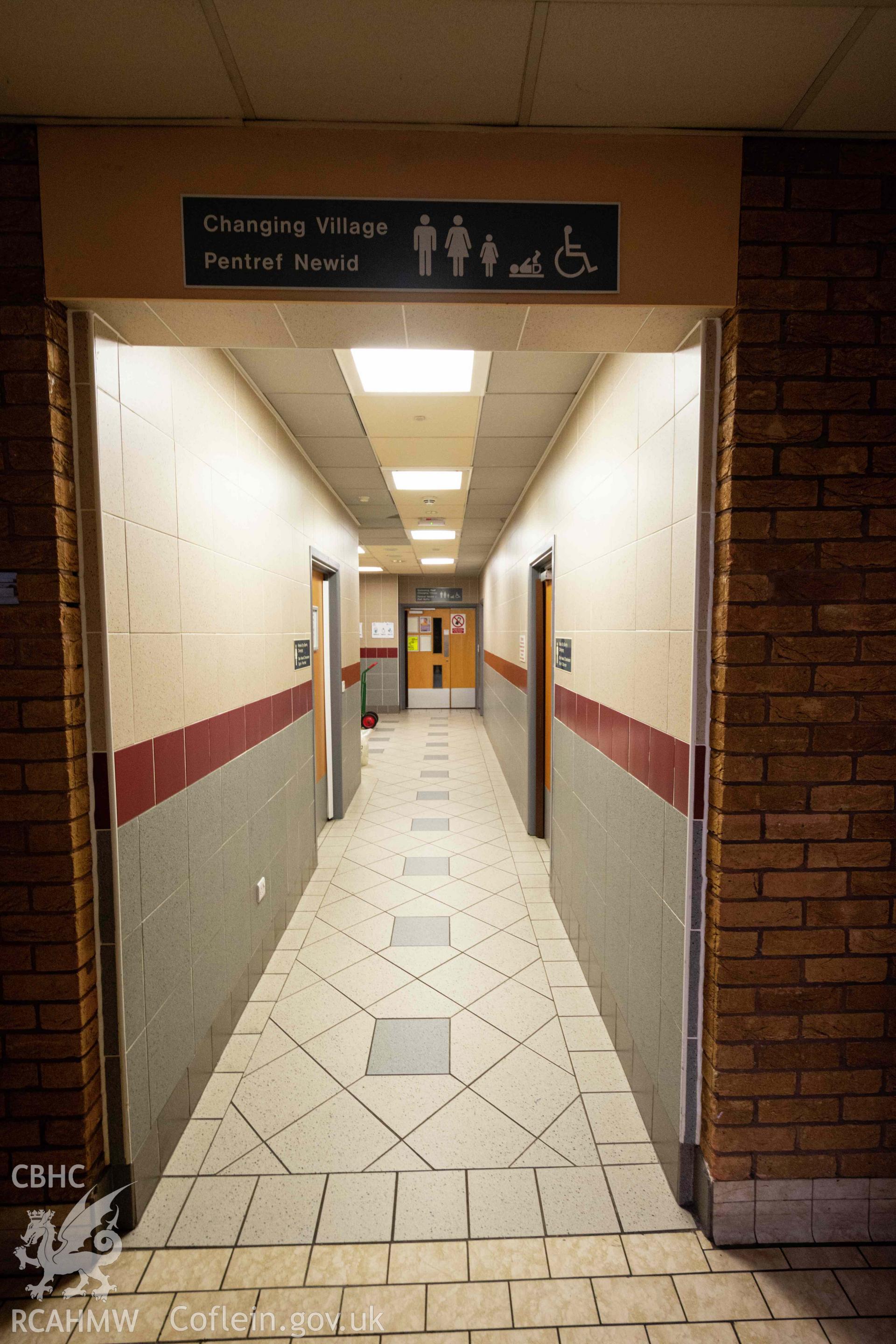Doorway to changing rooms ('changing village'). Ground floor. Newport Centre