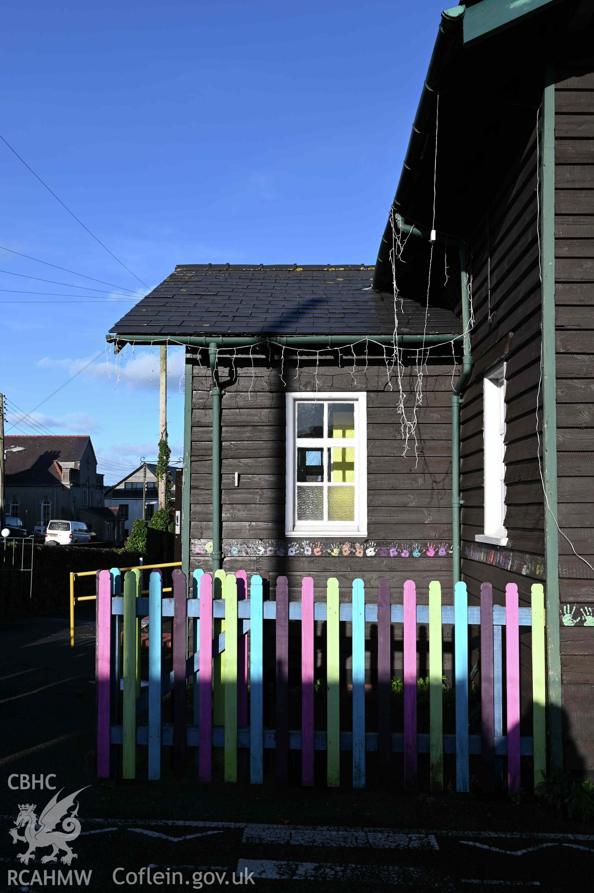 Entrance porch of Ysgol Abersoch from playground looking north-west