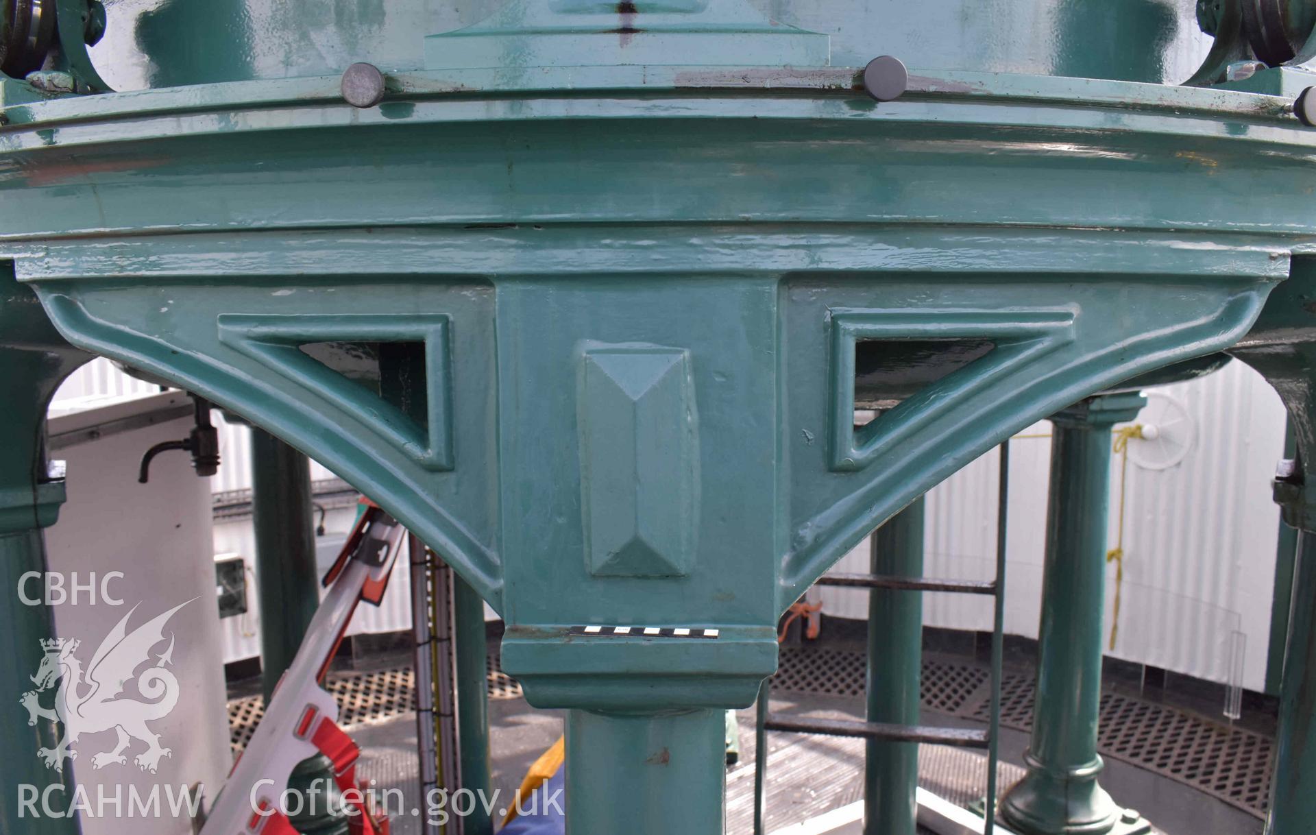 Detail of one of the Skerries Lighthouse lens pedestal's pillar tops and supporting brackets on 16/07/2024. Scale is 10cm.