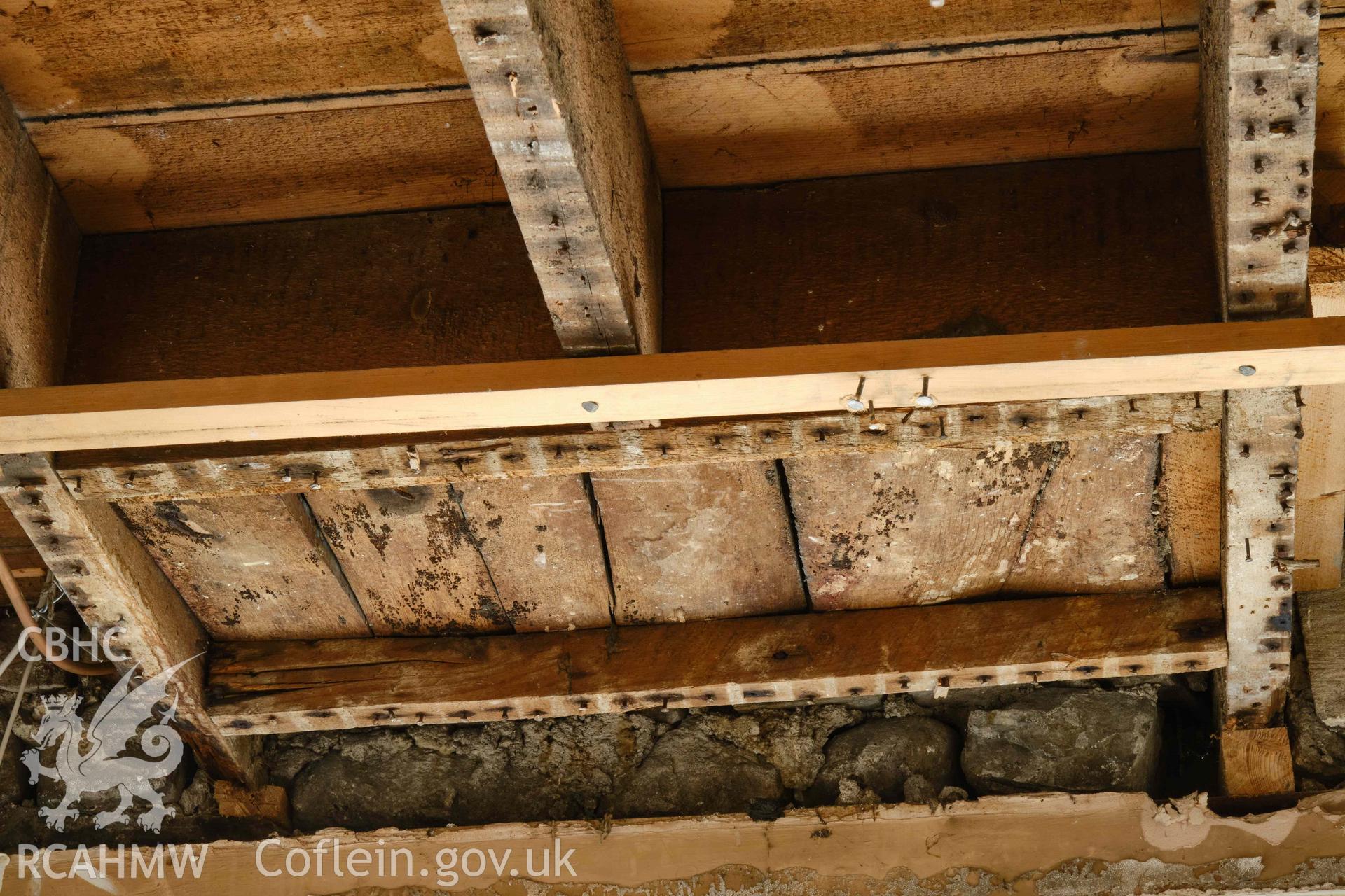 Photograph showing Room G14, oak floorboards set below main floorboards, from a Level 3 Historic Building Record for The Old Probate Registry, Llandaff, Cardiff. Prepared by Holland Heritage in 2024 as a condition of listed planning consent.