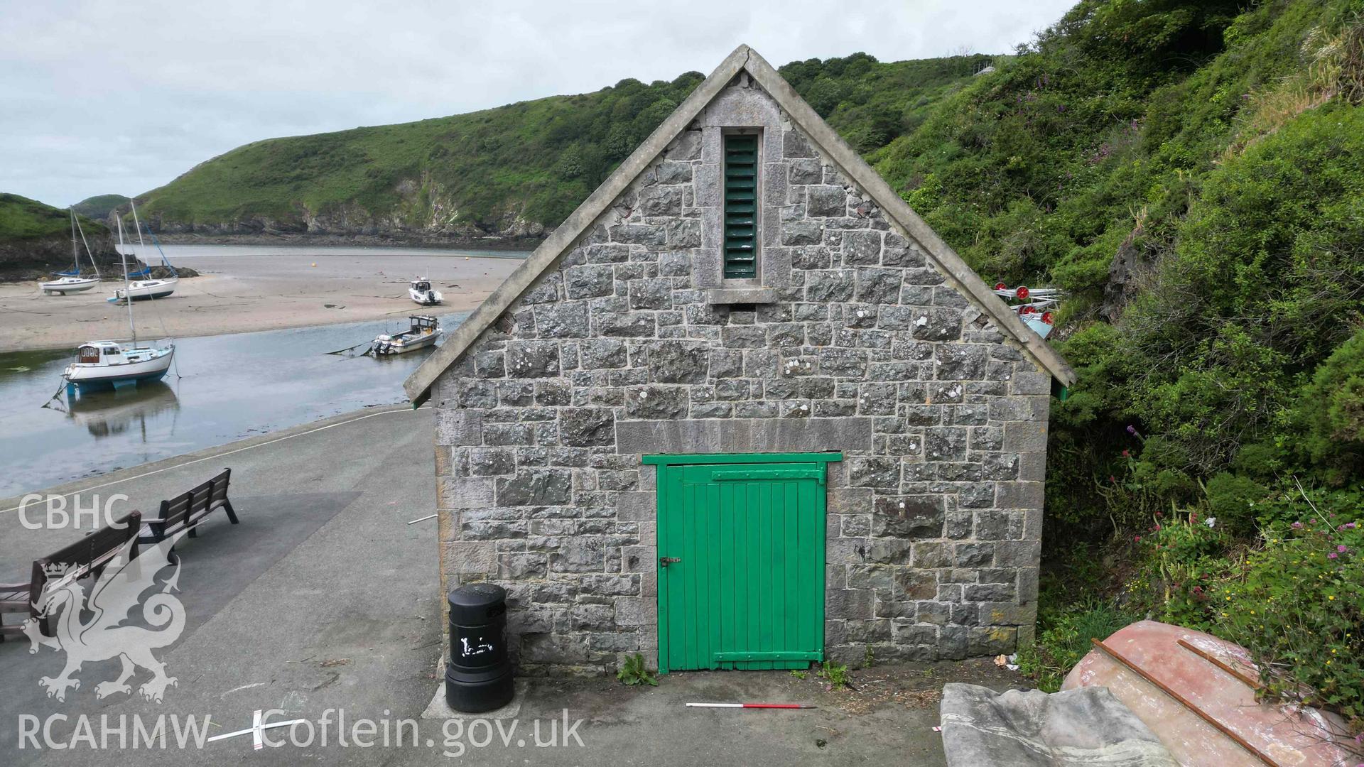 Old Lifeboat Station, Solva. Landward (northeast) elevation and rear entrance, on 18/06/2024. Scale is 1m