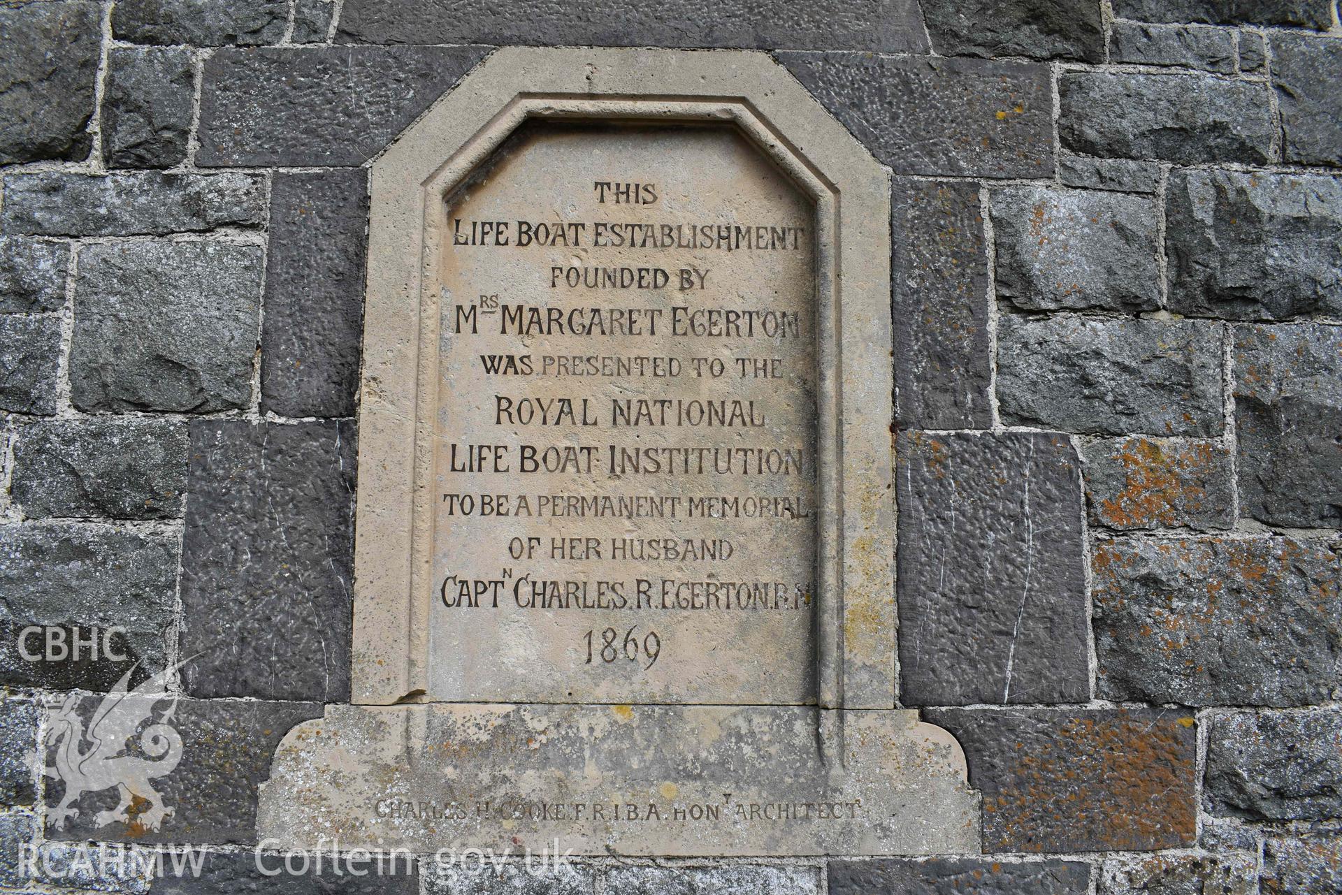 Old Lifeboat Station, Solva. Detail of memorial dedication.