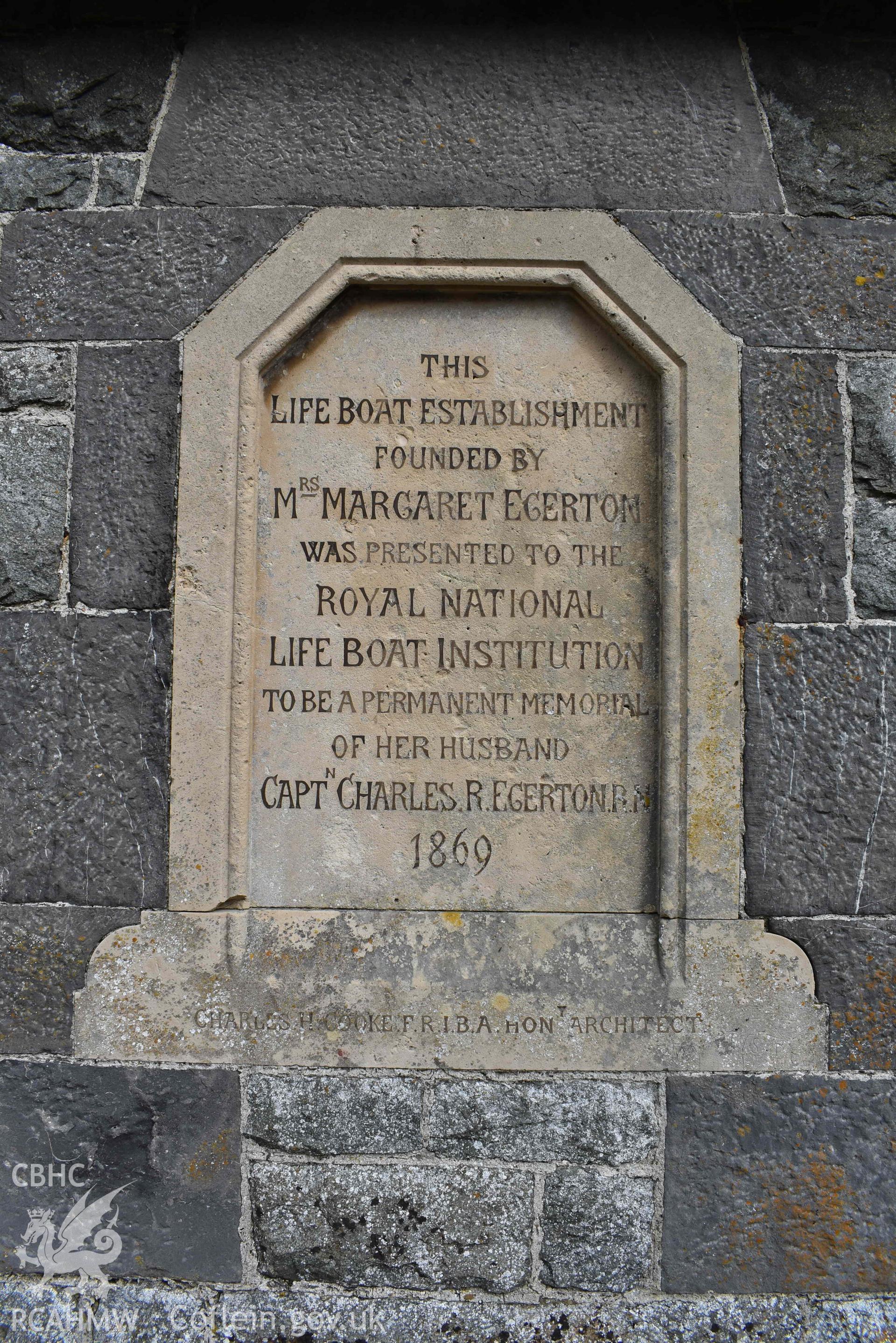 Old Lifeboat Station, Solva. Detail of memorial dedication.