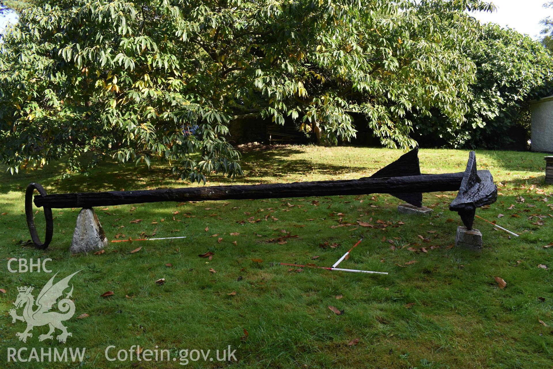 The anchor at Great Hoaten Farm on 18/09/2024, seen from the side. Scale is 1m.