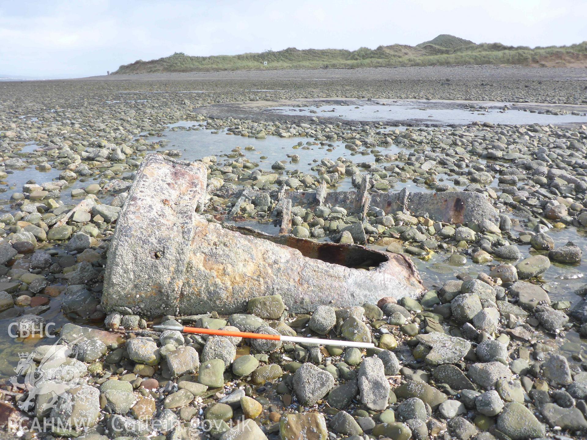 The wreck of the HENRY BELL on 17/10/2024. View of the southern boiler fragment, looking east. Scale is 1m.