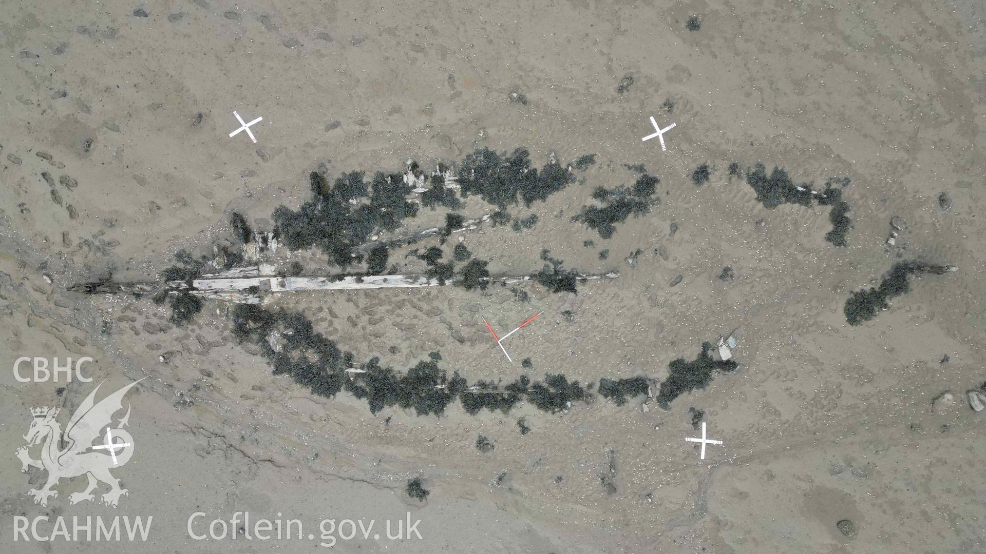 Overhead view of Mumbles Wreck 1 on 08/05/2024, during a photogrammetry survey. North is to the top-right, scales are 1m.