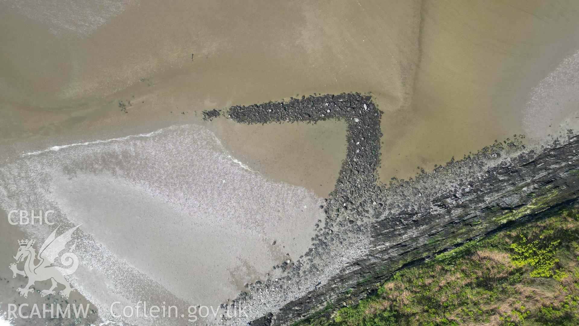 High overhead view of Goodwick Fish Trap 2 at low tide on 09/05/2024. North is to the top.