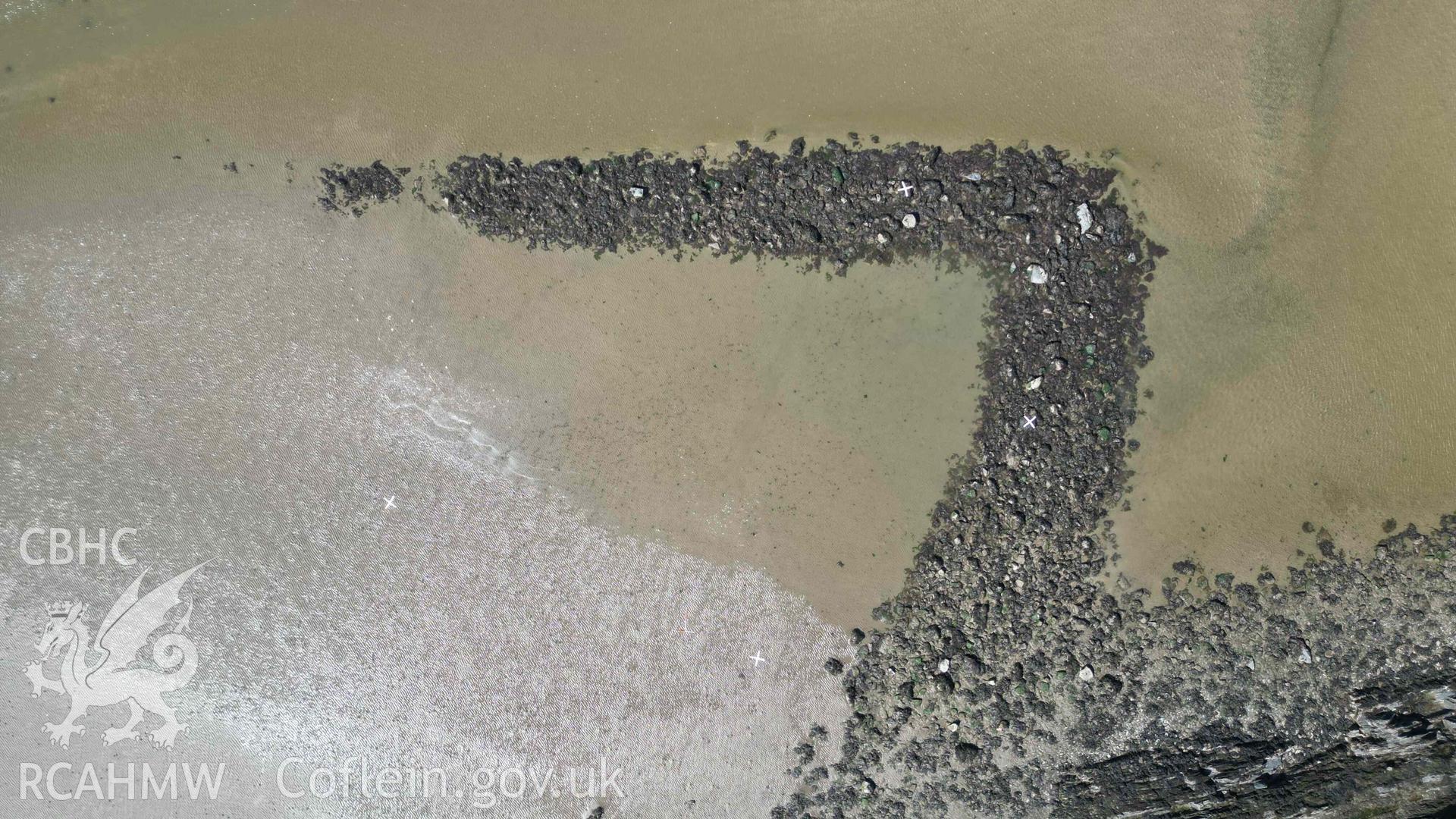 Overhead view of Goodwick Fish Trap 2 at low tide on 09/05/2024. North is to the top.