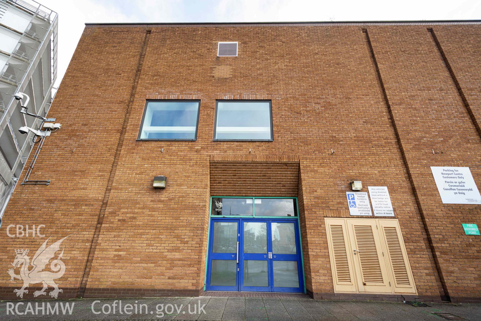 South side entrance doors. Low angle. Newport Centre