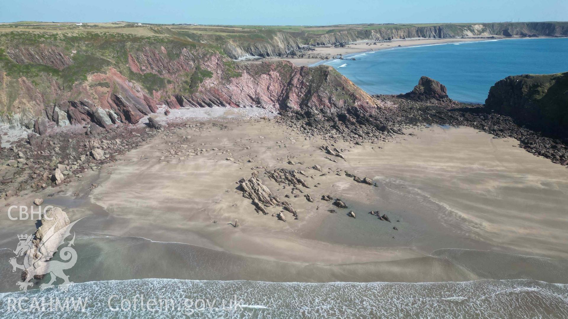 Oblique view of the wreck site of the ALBION, looking east on 18/09/2024, at a time of high sand levels.