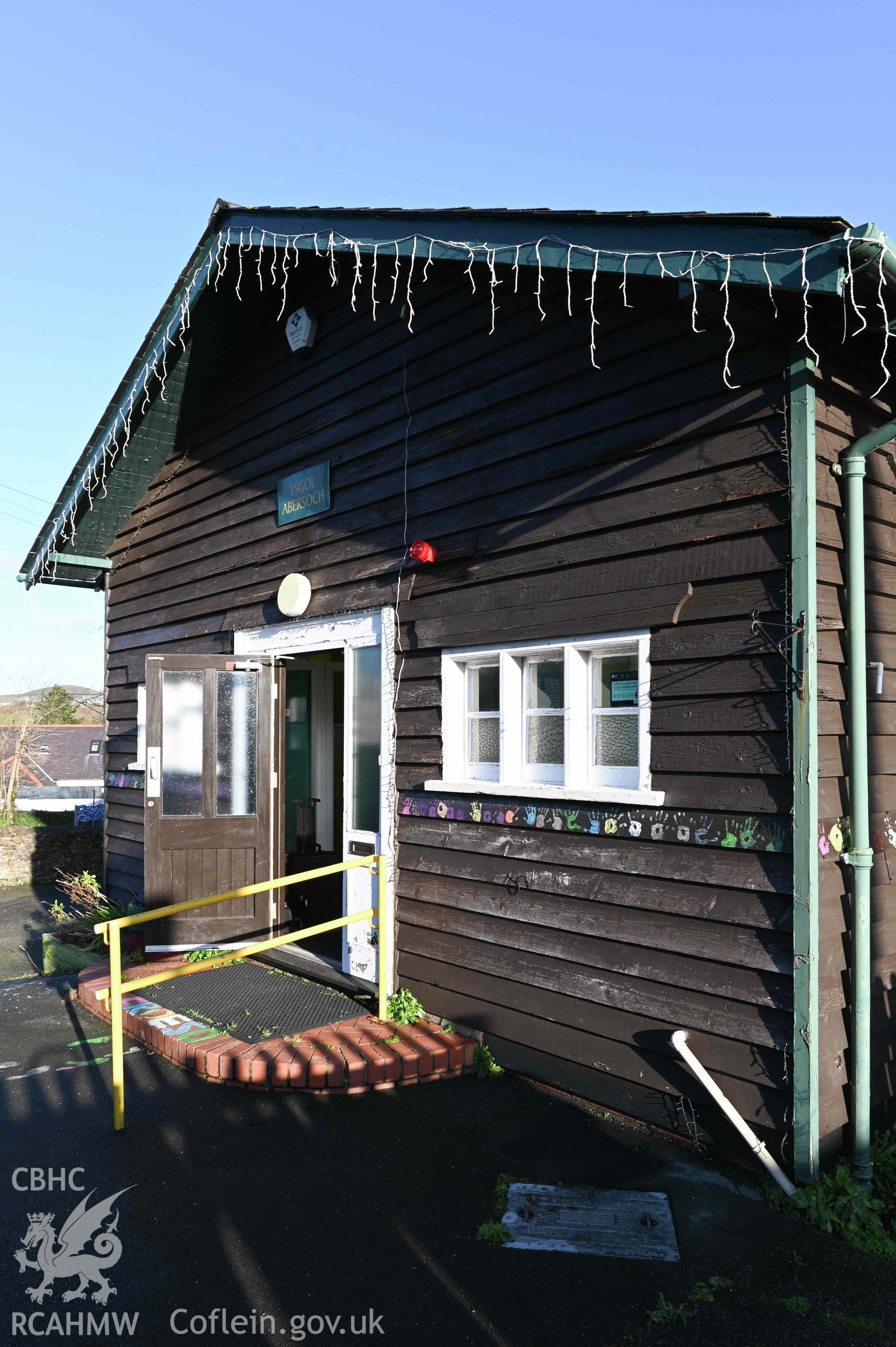 Entrance porch of Ysgol Abersoch from playground looking north