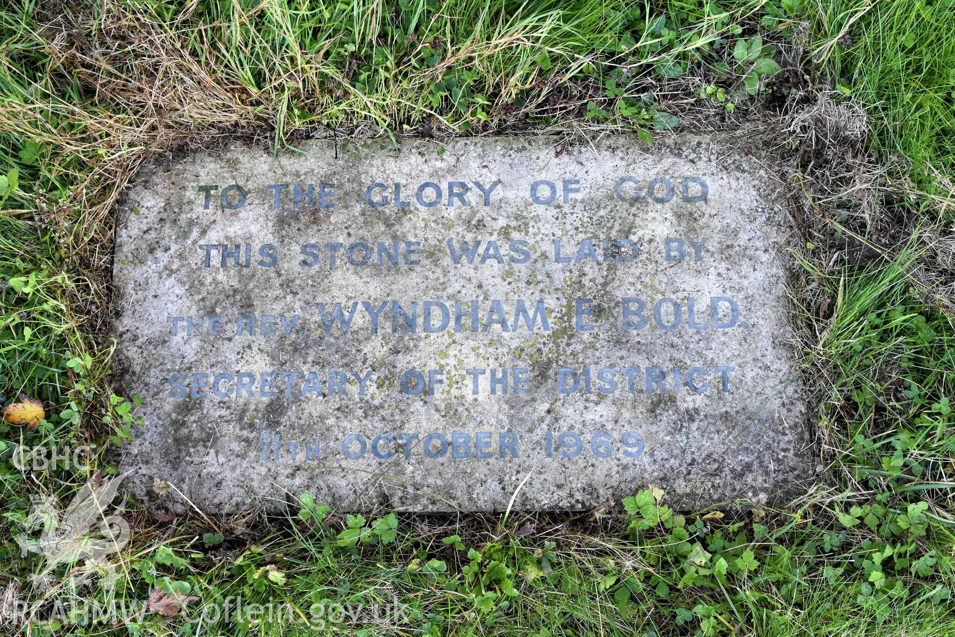 The Gathering Place, exterior detail of foundation stone to ground in front of north-west elevation