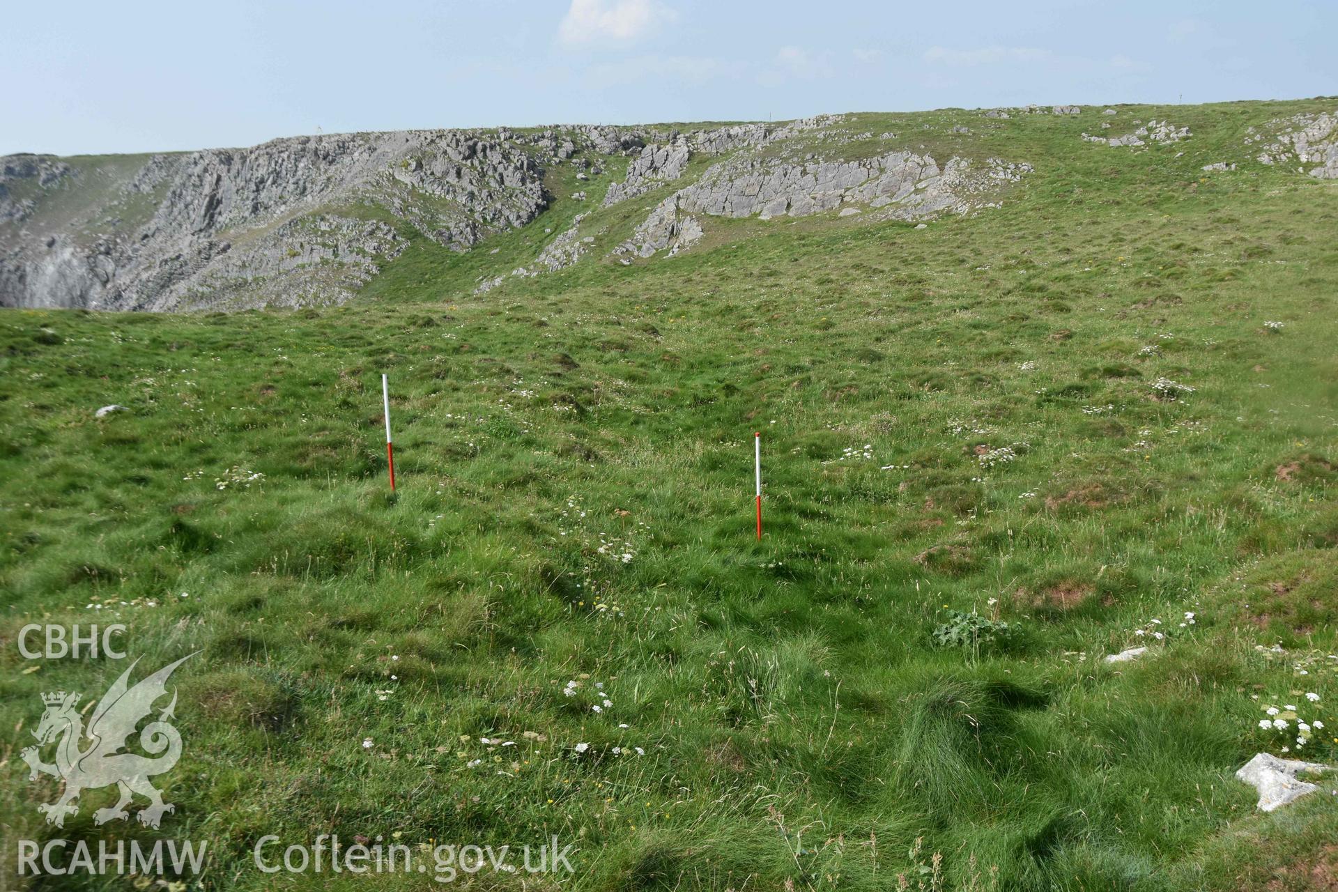 Crocksydam Camp. Eastern section of defining bank and ditch, looking west.