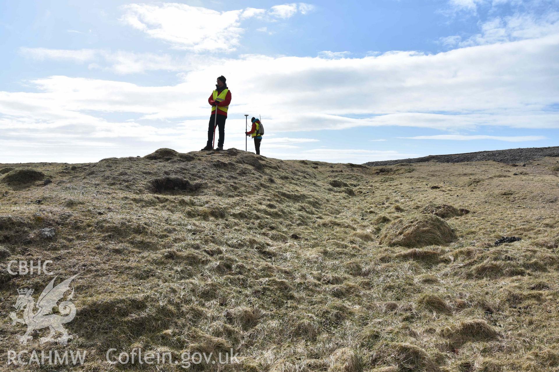 Linney Head Promontory Enclosure 27 March 2018.  Enclosure bank and ditch looking southwest.