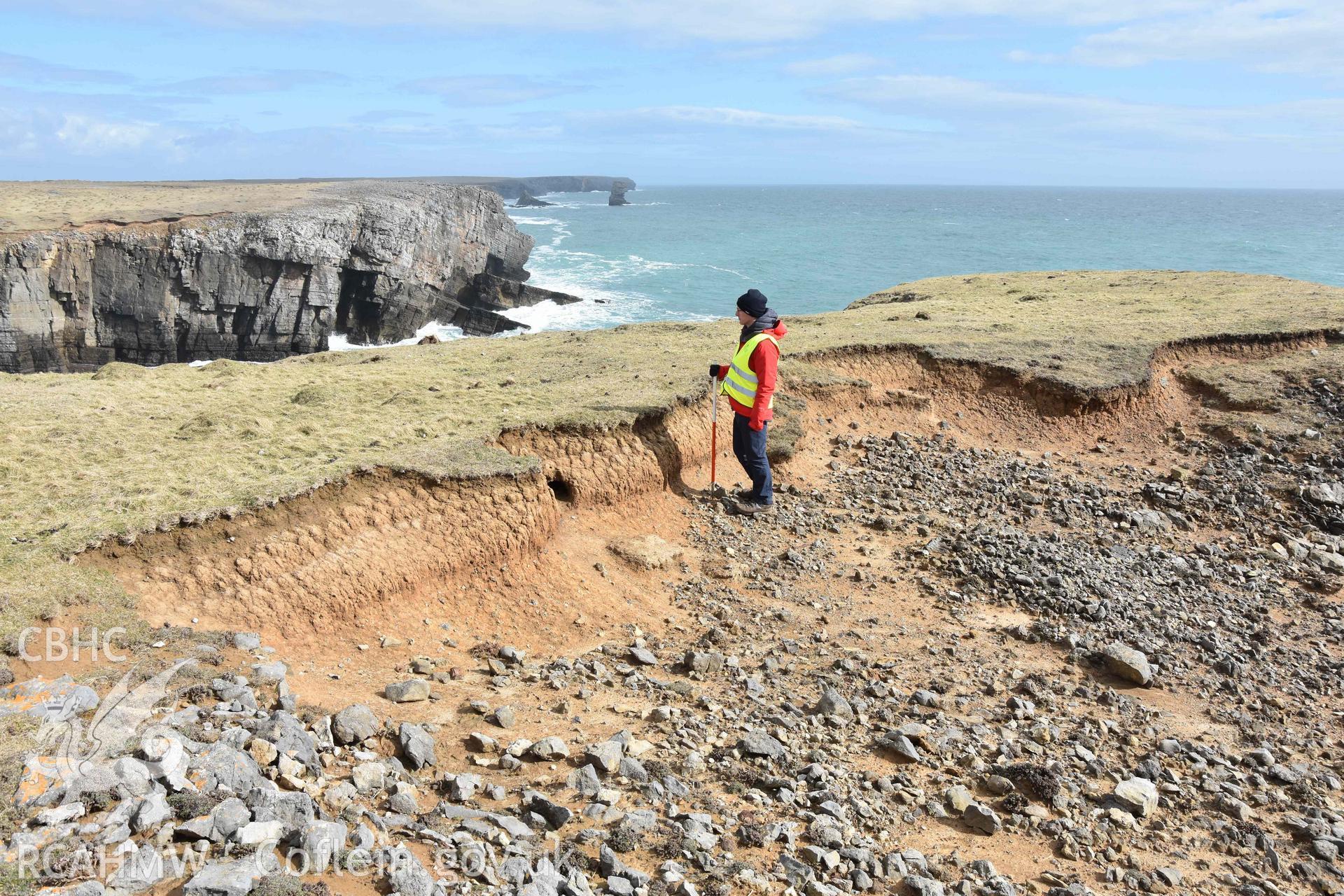 Linney Head Promontory Enclosure 27 March 2018.  Erosion edge across west side of interior.