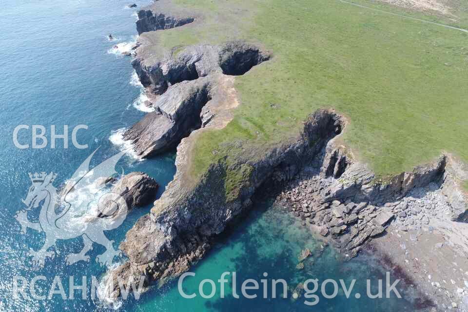 Linney Head Promontory Enclosure 11 August 2020. UAV view looking northwest.