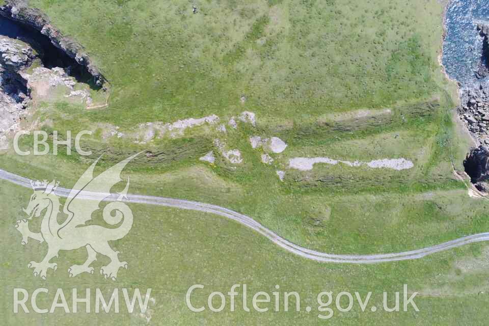 Linney Head Camp. UAV image of the exposed rockcut outer ditch at western end of promotory.
