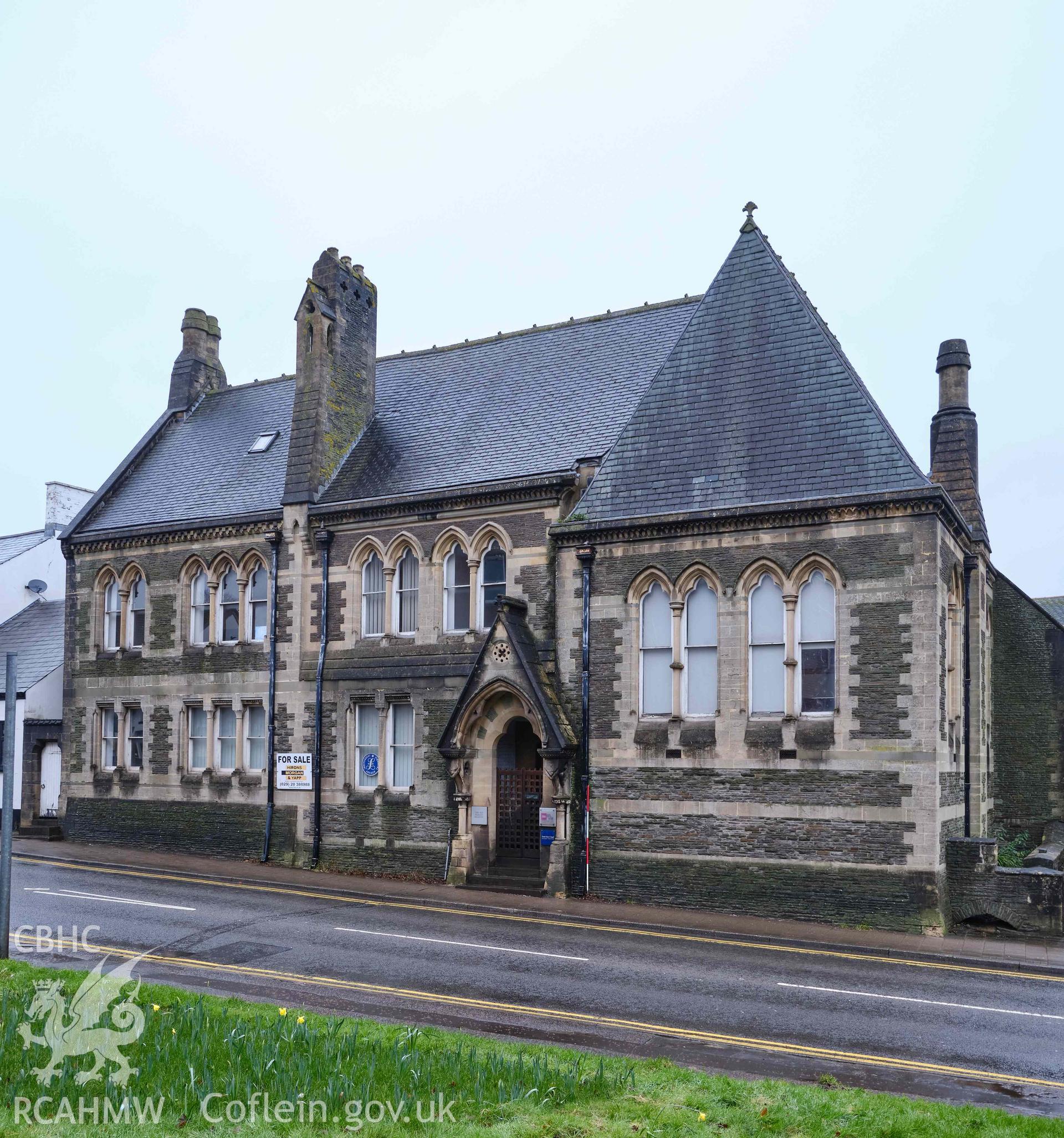 Photograph showing entrance front to Cardiff Rd, looking N, from a Level 3 Historic Building Record for The Old Probate Registry, Llandaff, Cardiff. Prepared by Holland Heritage in 2024 as a condition of listed planning consent.