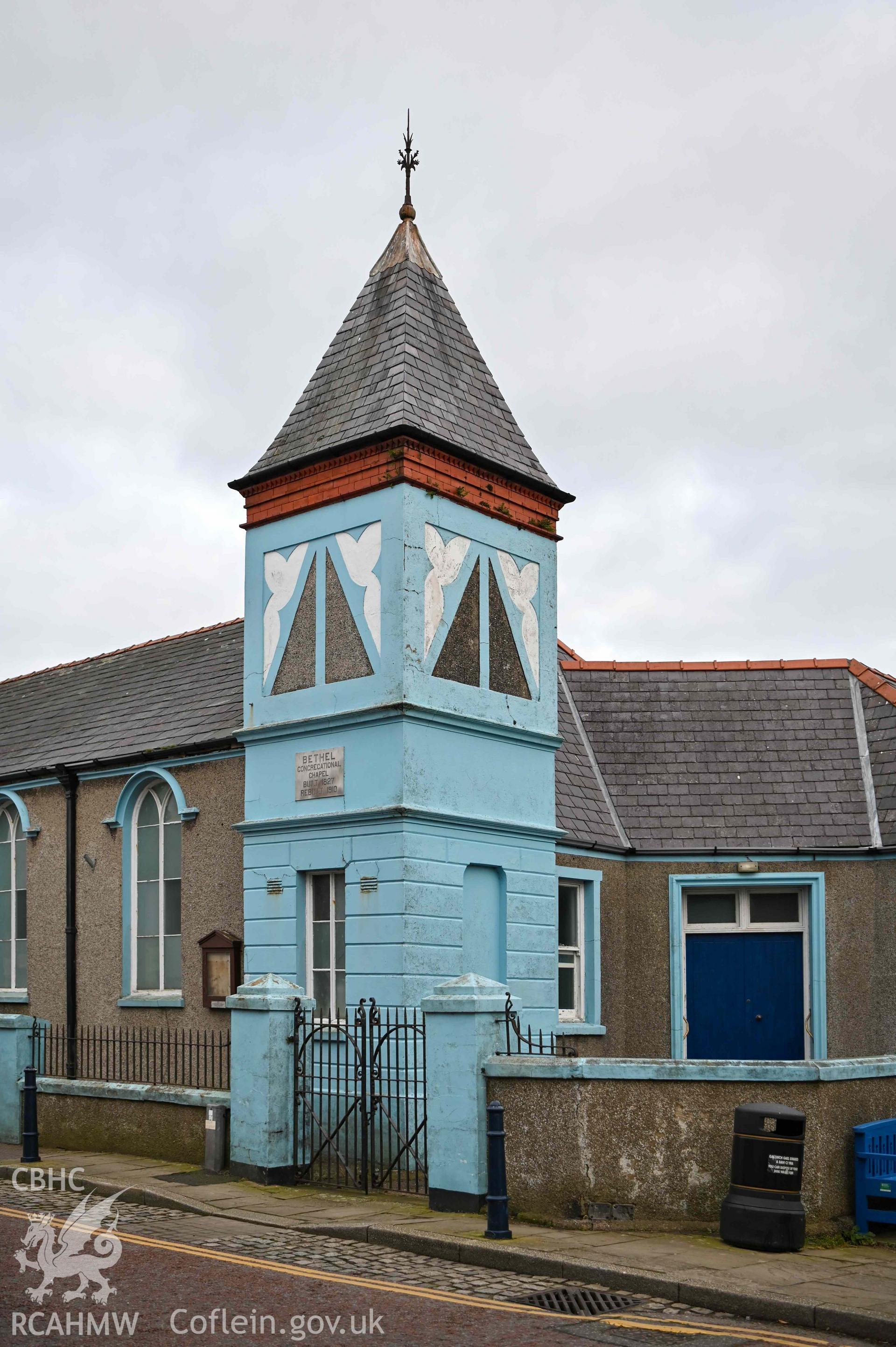 Bethel Welsh Independent Chapel, Cemaes - View of the blue chapel steeple tower, front and side visible, taken from West