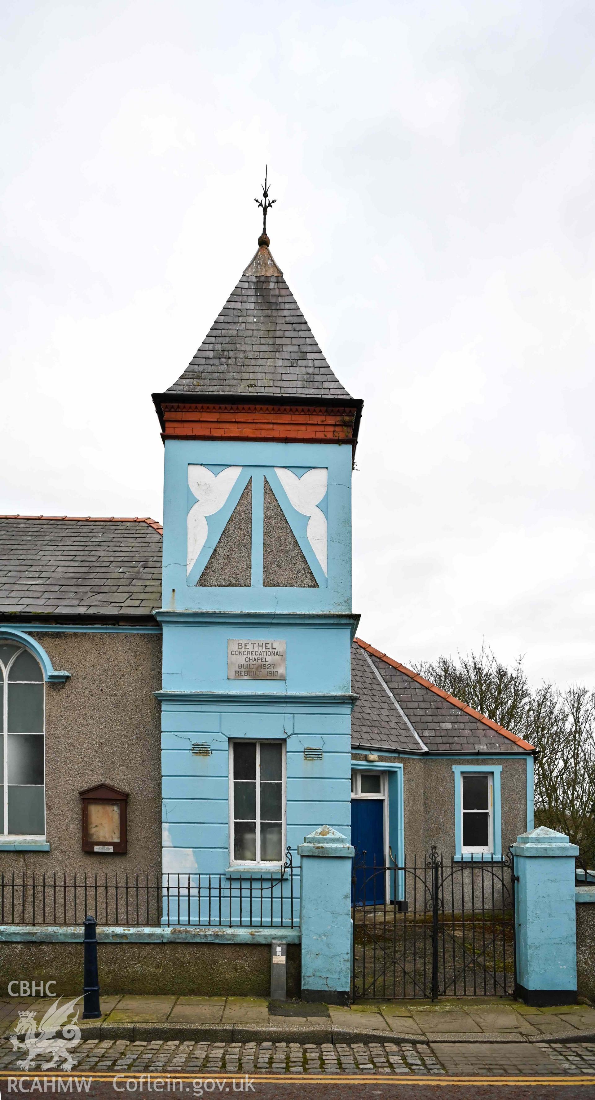 Bethel Welsh Independent Chapel, Cemaes - View of the blue steeple tower from the front, taken from West