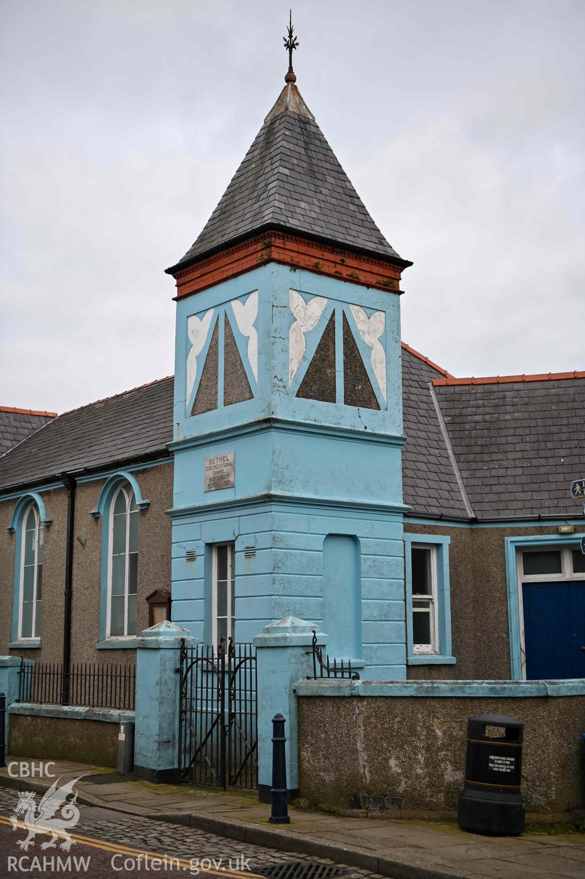 Bethel Welsh Independent Chapel, Cemaes - View of the blue steeple tower, side angle, taken from West